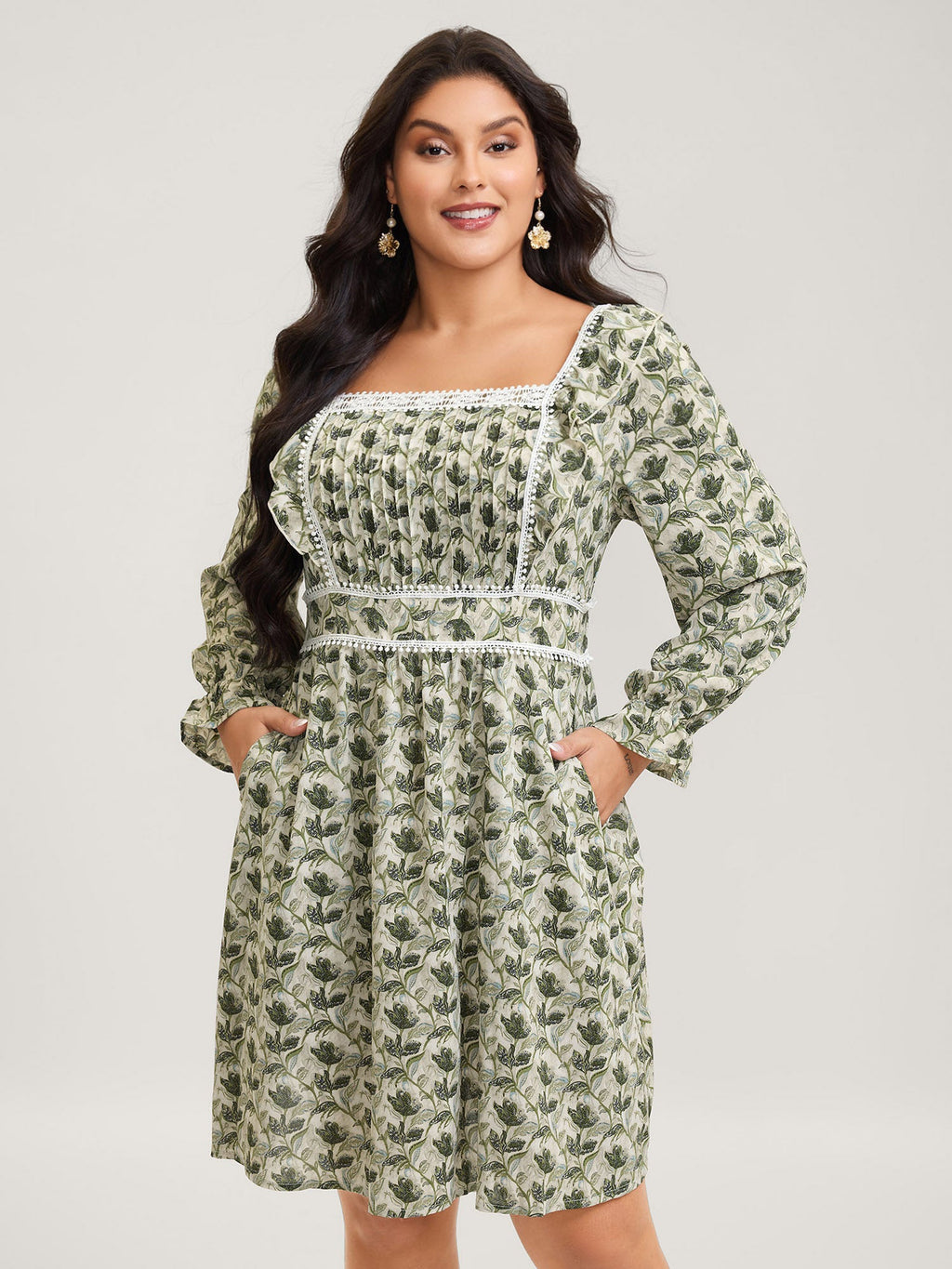 Fall Floral Print Lace Trim Midi Dress