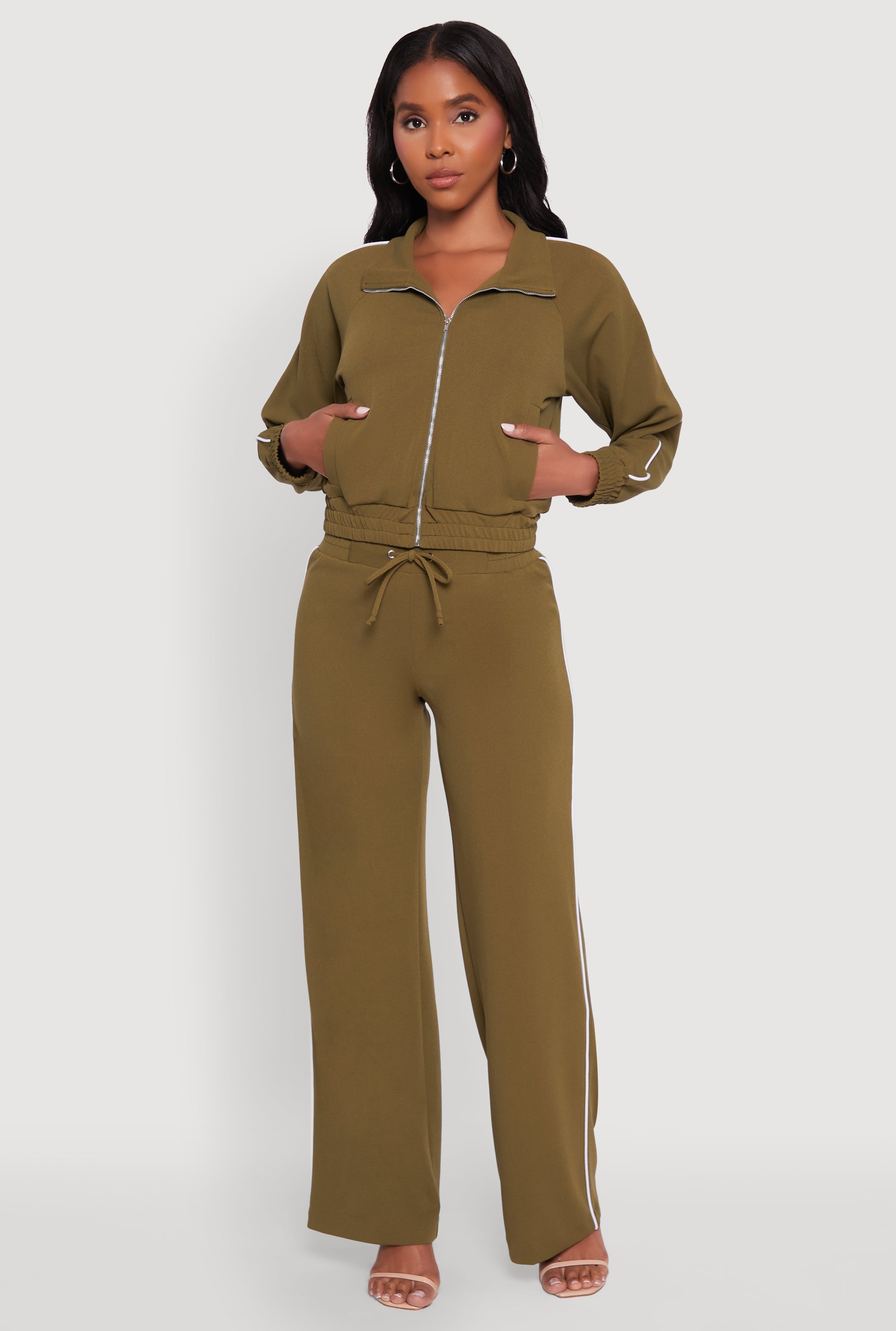 Crepe Knit Zip Front Jacket with Contrast Piping