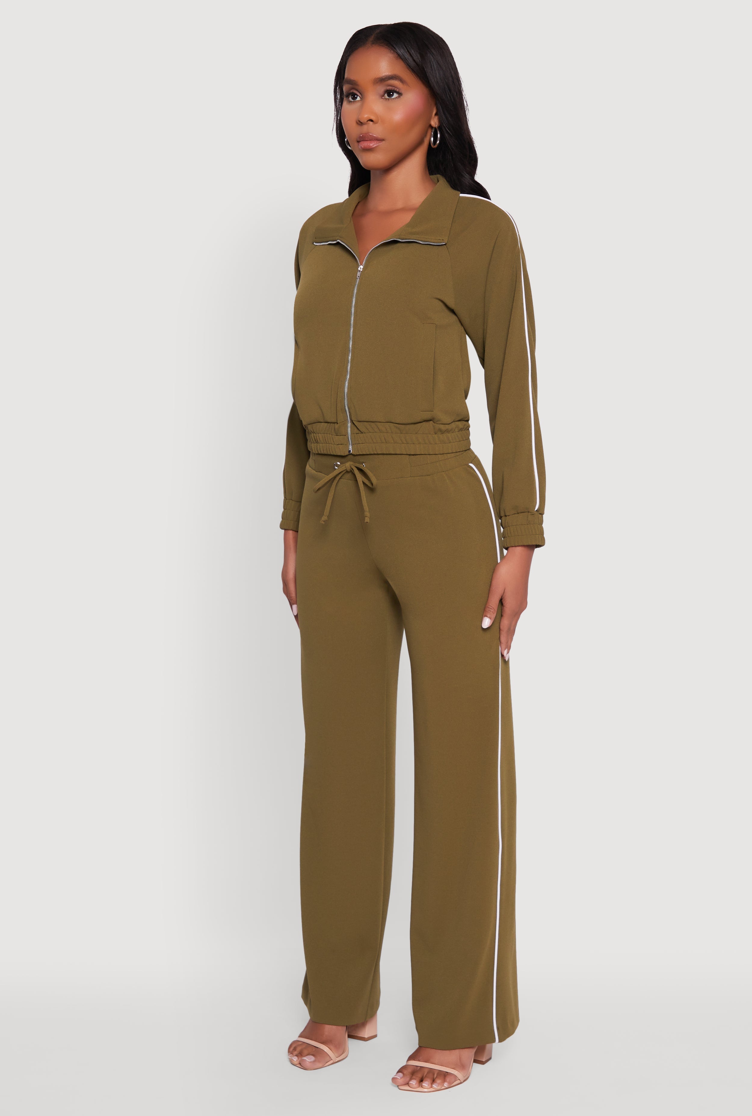 Crepe Knit Zip Front Jacket with Contrast Piping