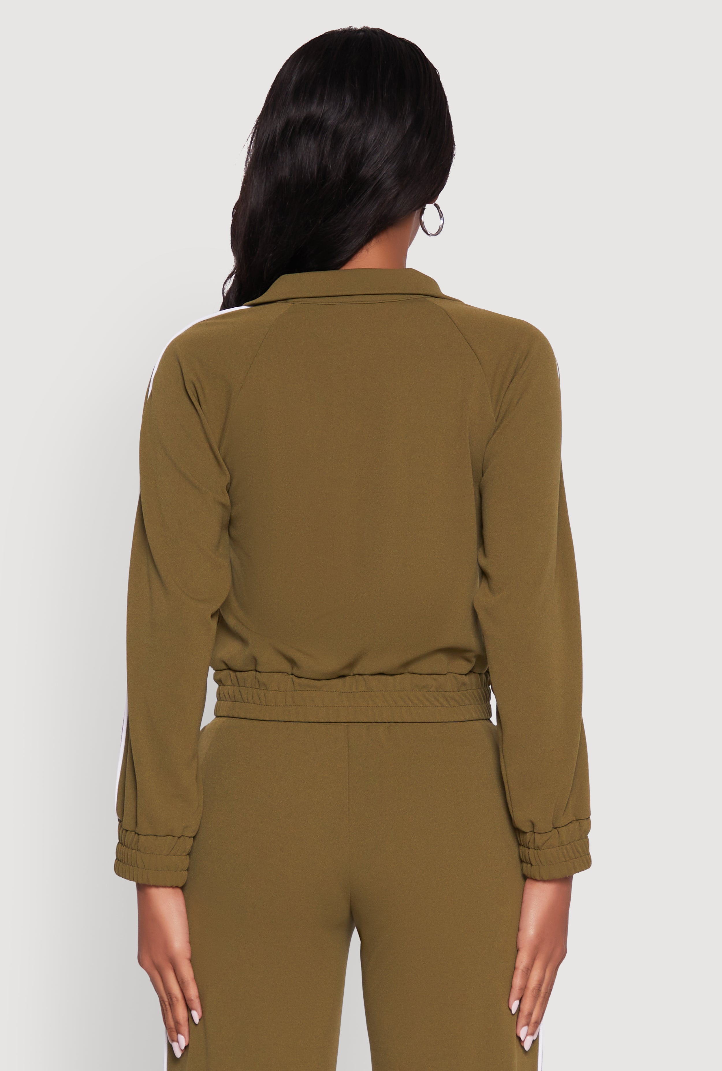 Crepe Knit Zip Front Jacket with Contrast Piping