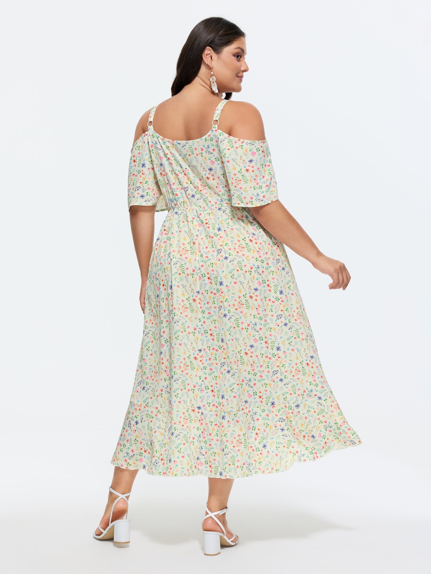 Ditsy Floral Pocket Wrap Cold Shoulder Ruffle Dress