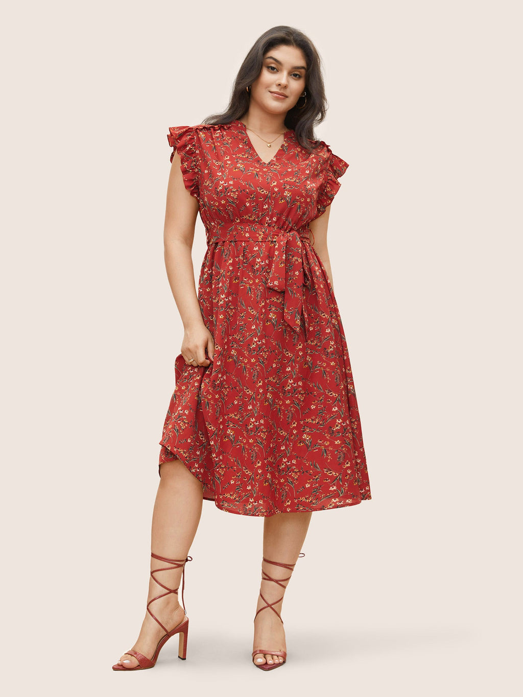 Floral Print Frill Notched Flutter Sleeve Dress