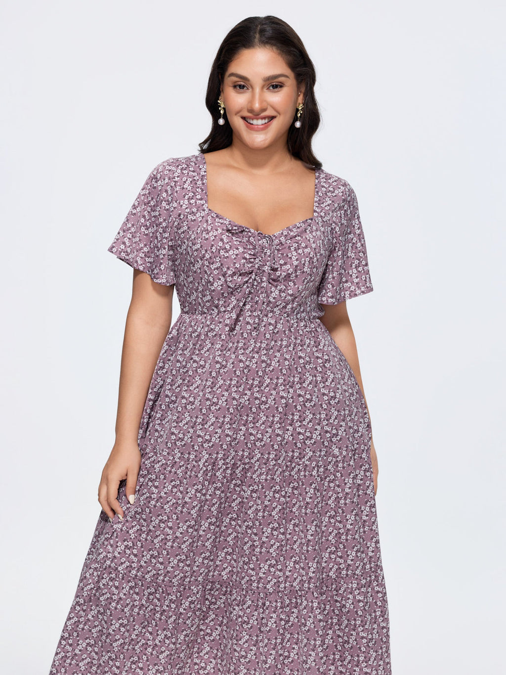 Ditsy Floral Sweetheart Drawstring Pocket Tiered Dress