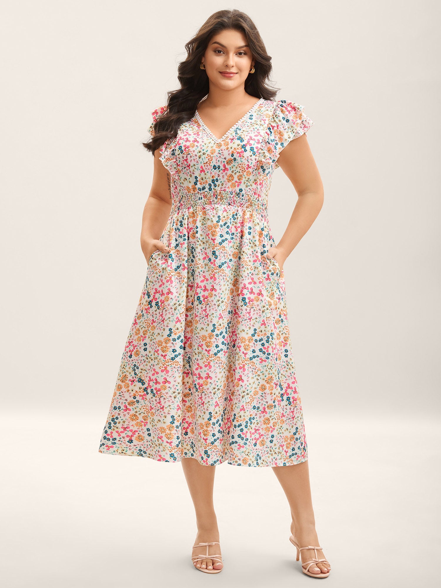 Sweet Floral Print Lace Neck Midi Dress