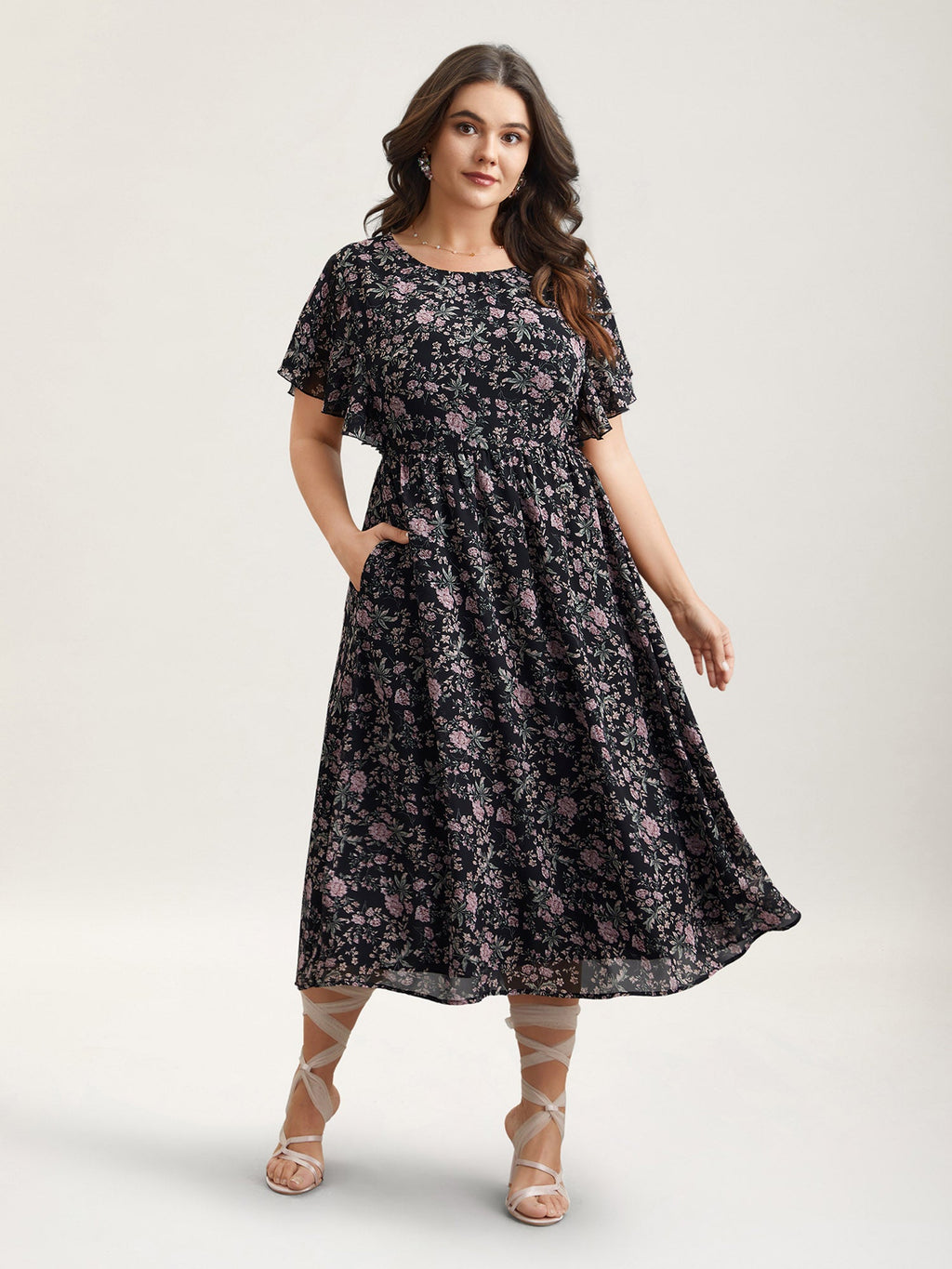 Chiffon Floral Print Ruffled Midi Dress