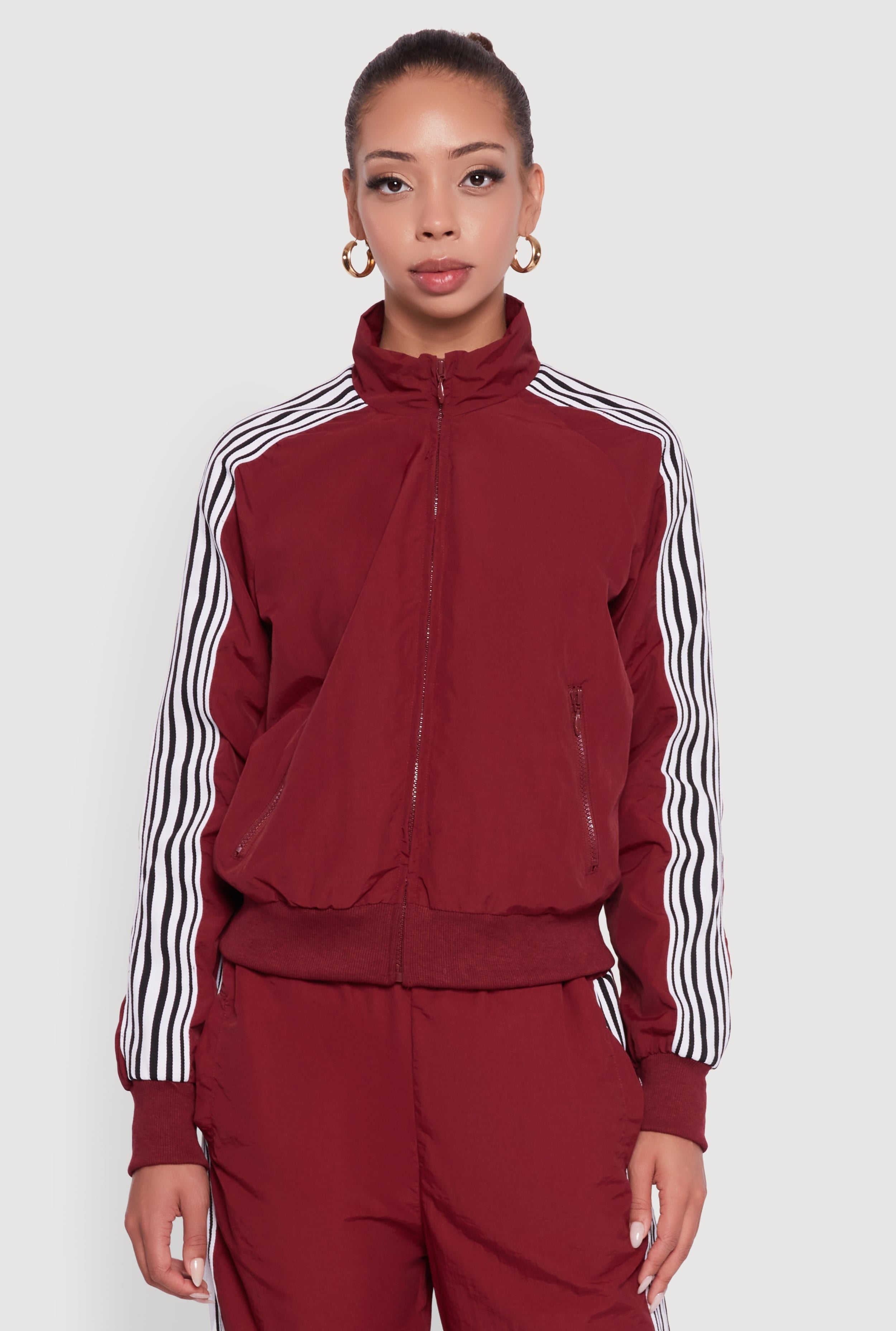 Side Striped Nylon Mock Neck Track Jacket