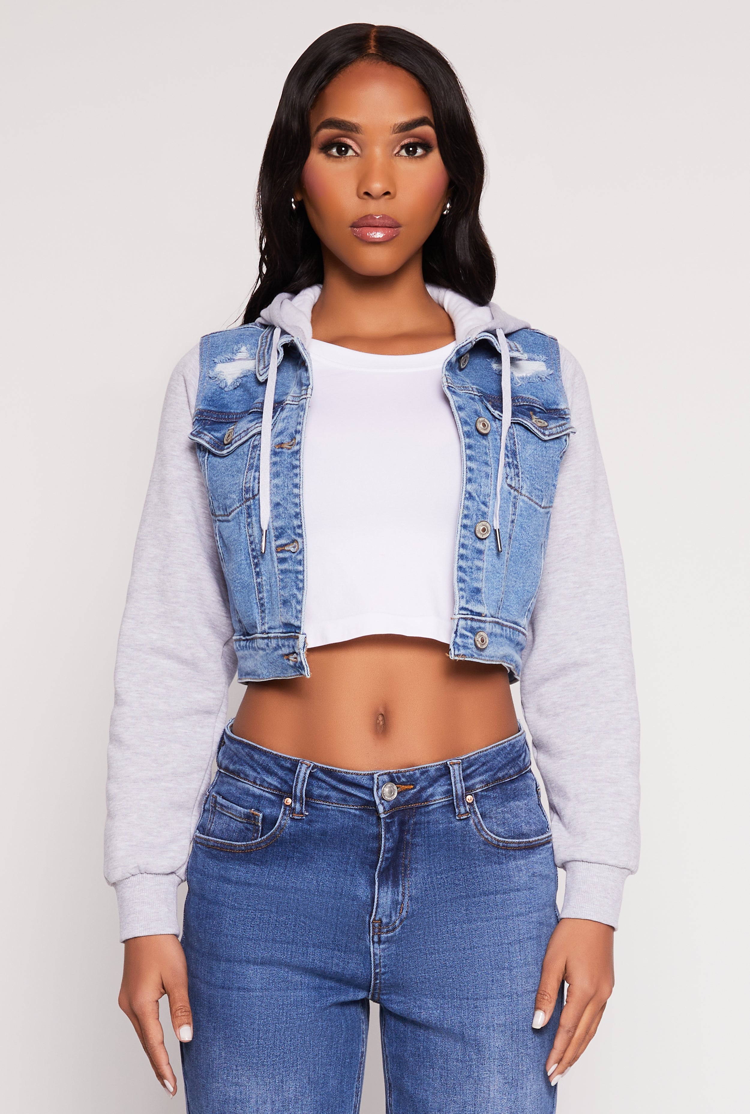 WAX Distressed Hooded Jean Jacket