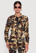 Zip Front Printed Pattern Ruched Sleeve Jacket