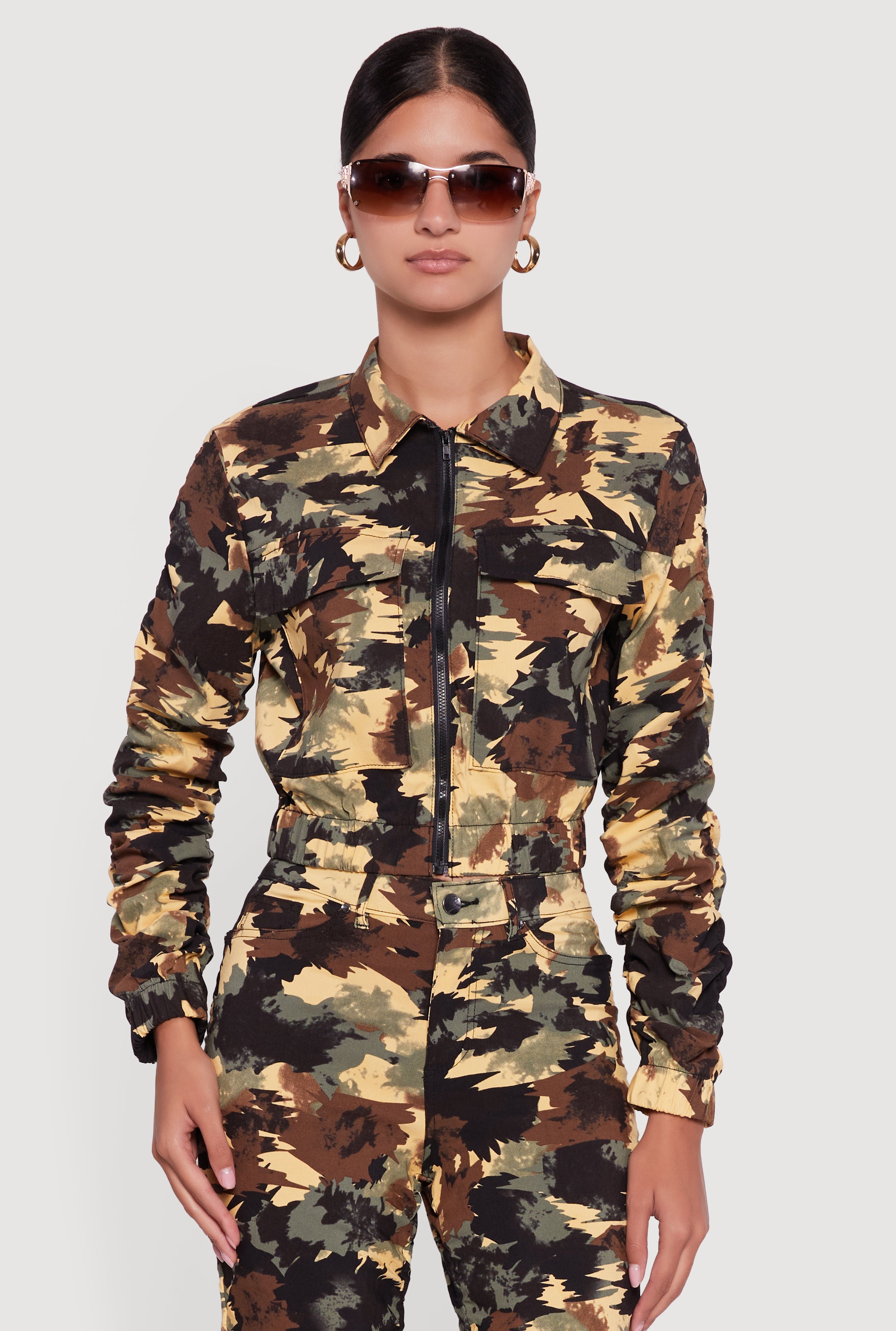 Zip Front Printed Pattern Ruched Sleeve Jacket