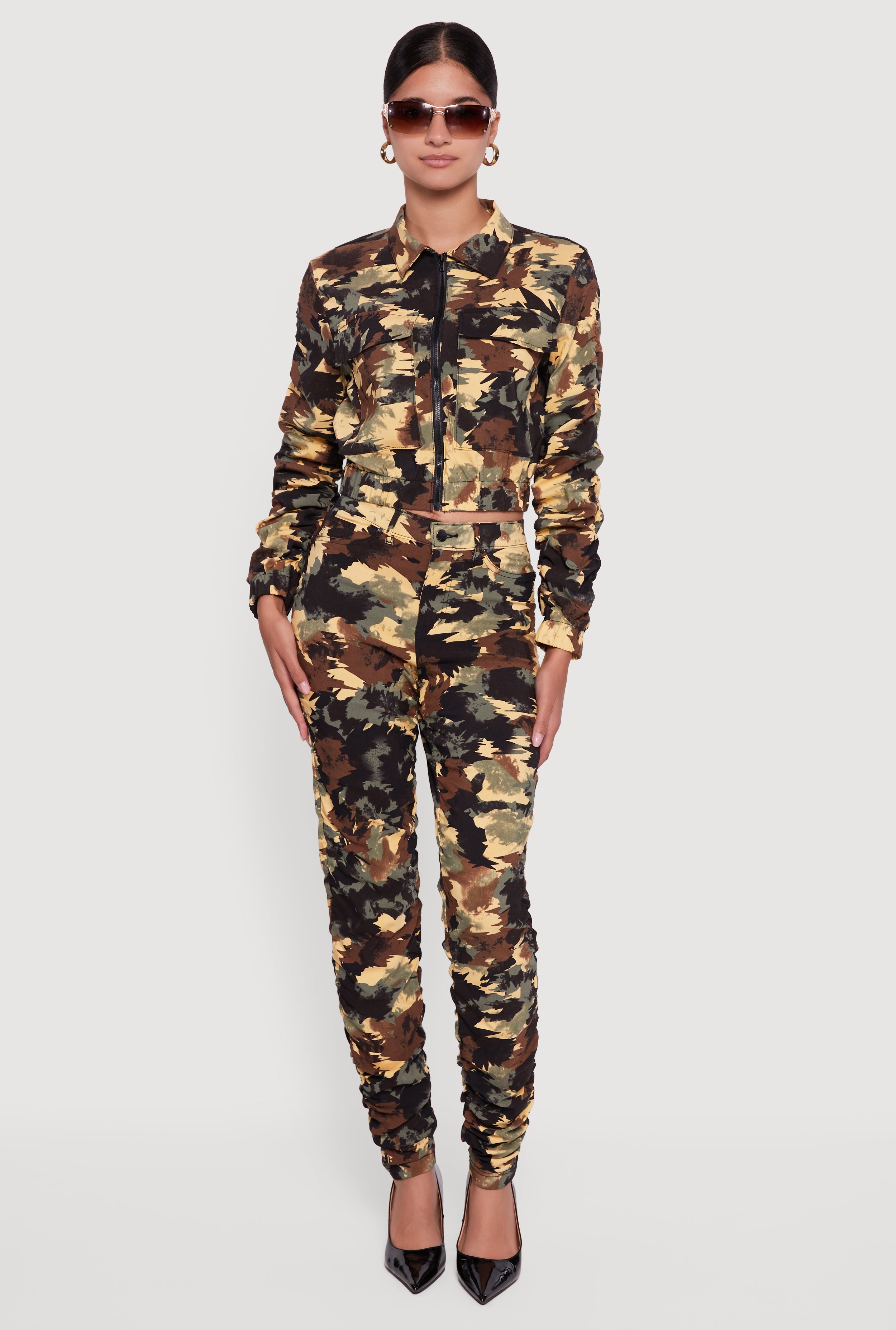 Zip Front Printed Pattern Ruched Sleeve Jacket