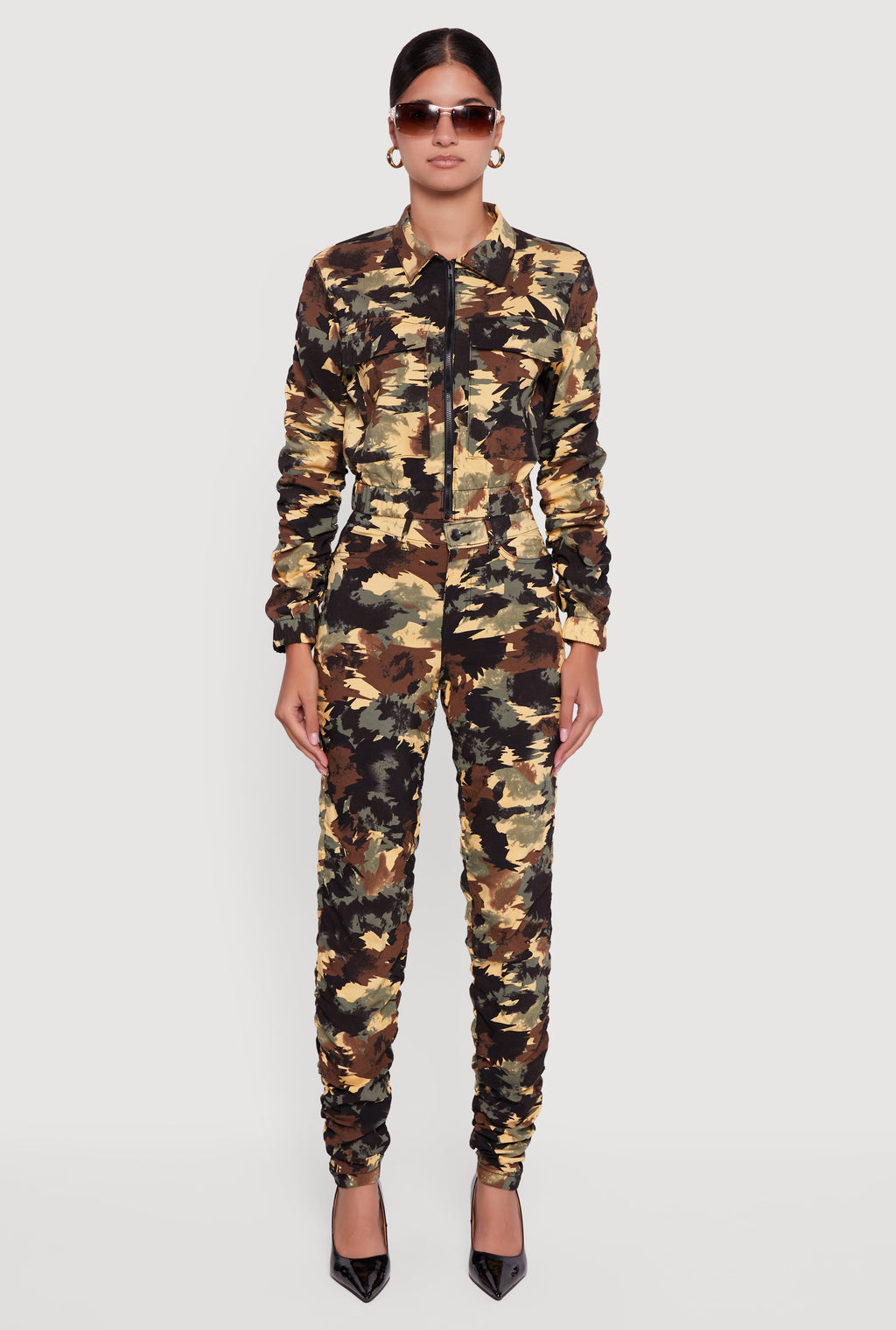 Zip Front Printed Pattern Ruched Sleeve Jacket