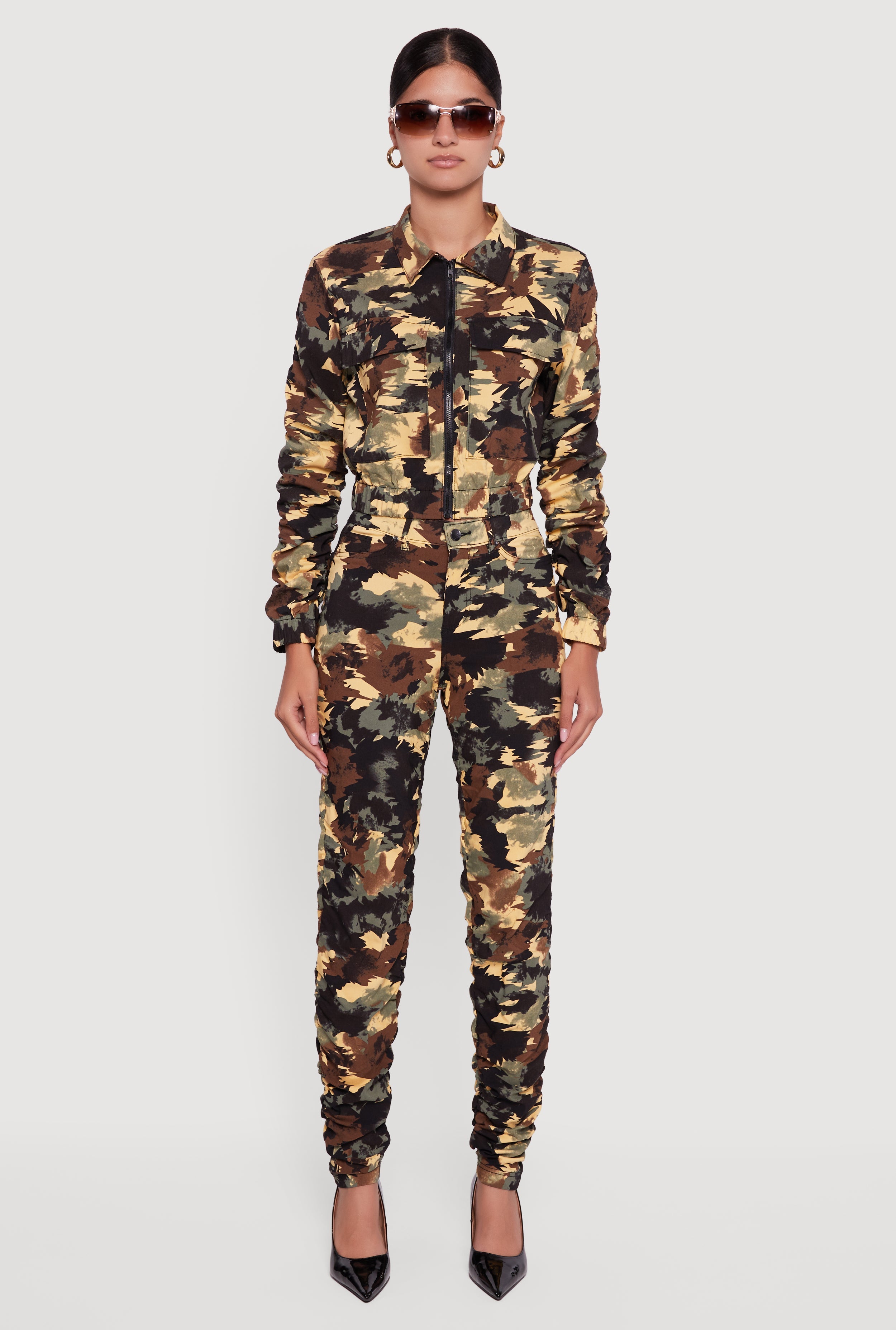 Zip Front Printed Pattern Ruched Sleeve Jacket