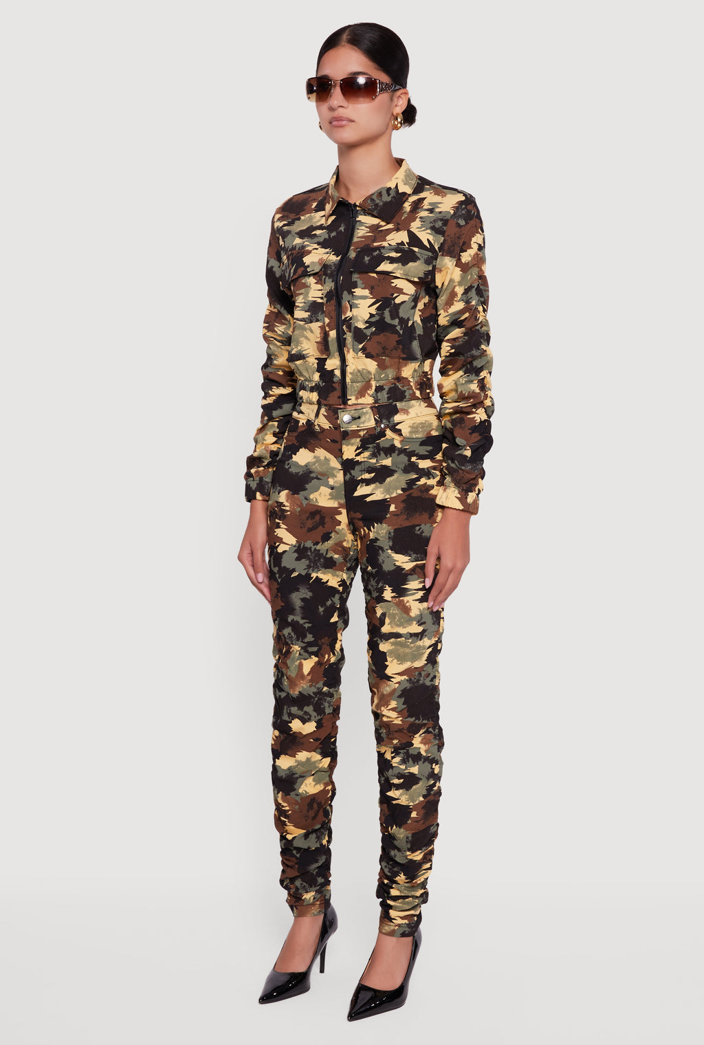Zip Front Printed Pattern Ruched Sleeve Jacket