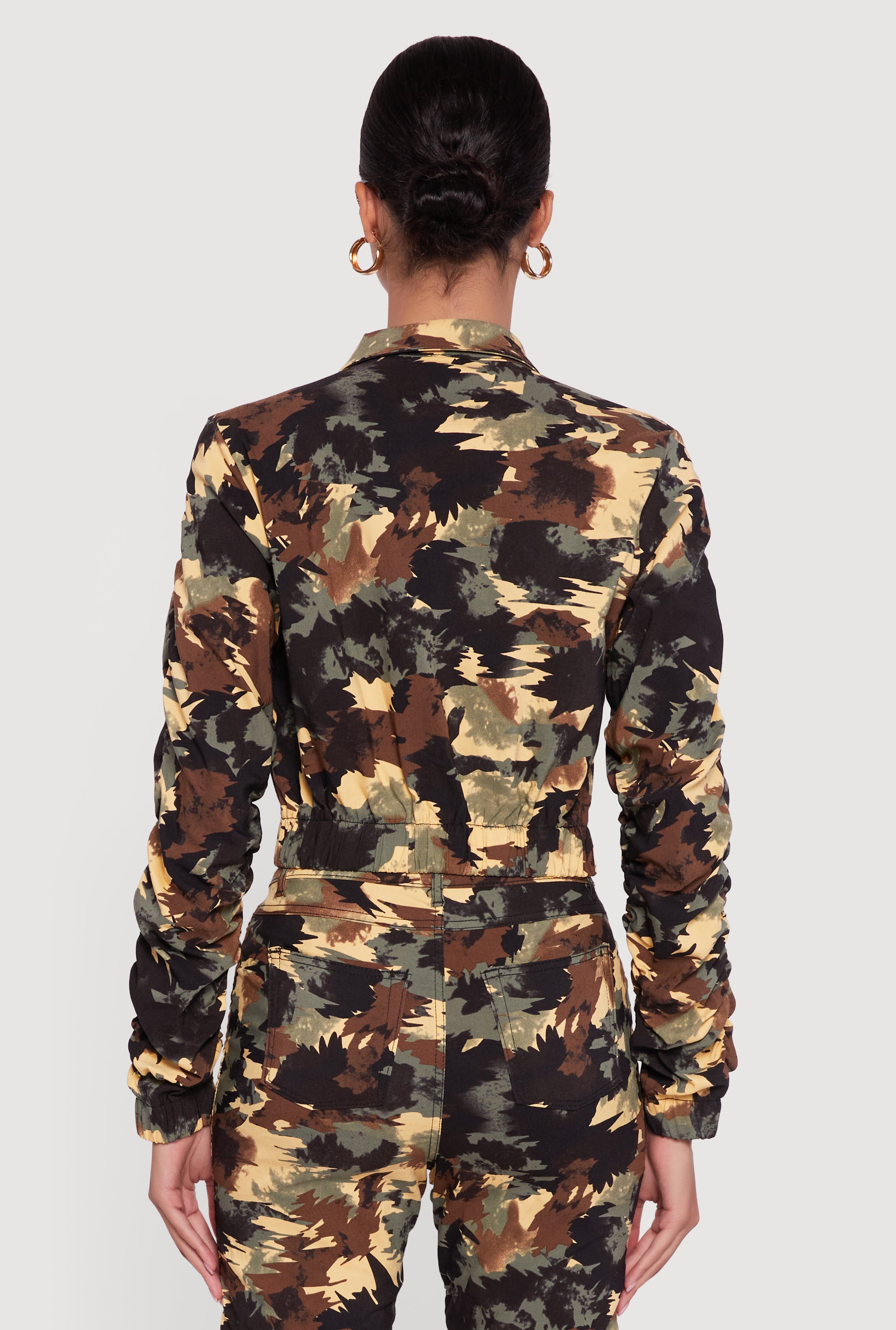 Zip Front Printed Pattern Ruched Sleeve Jacket