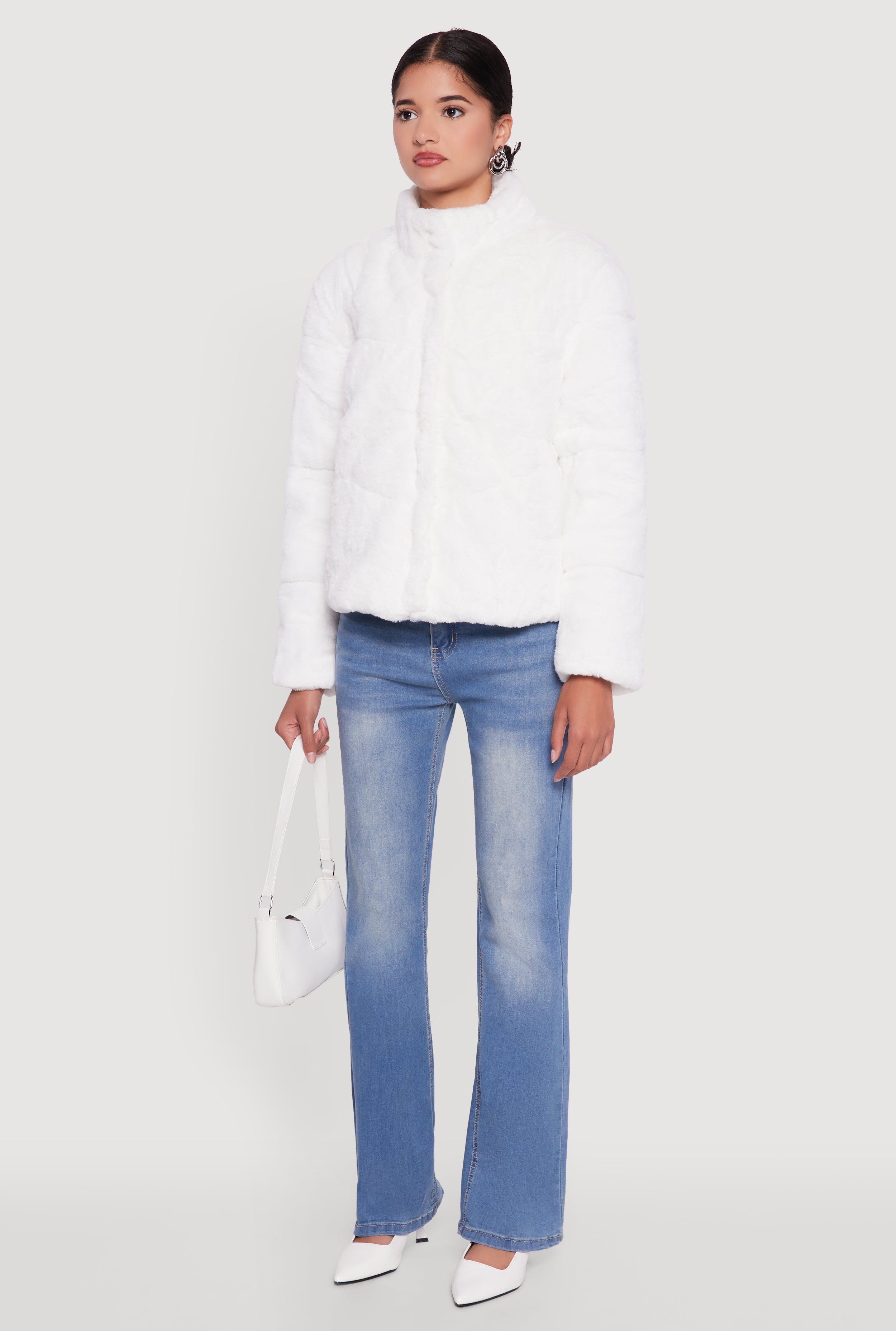 Mock Neck Zip Front Faux Fur Jacket