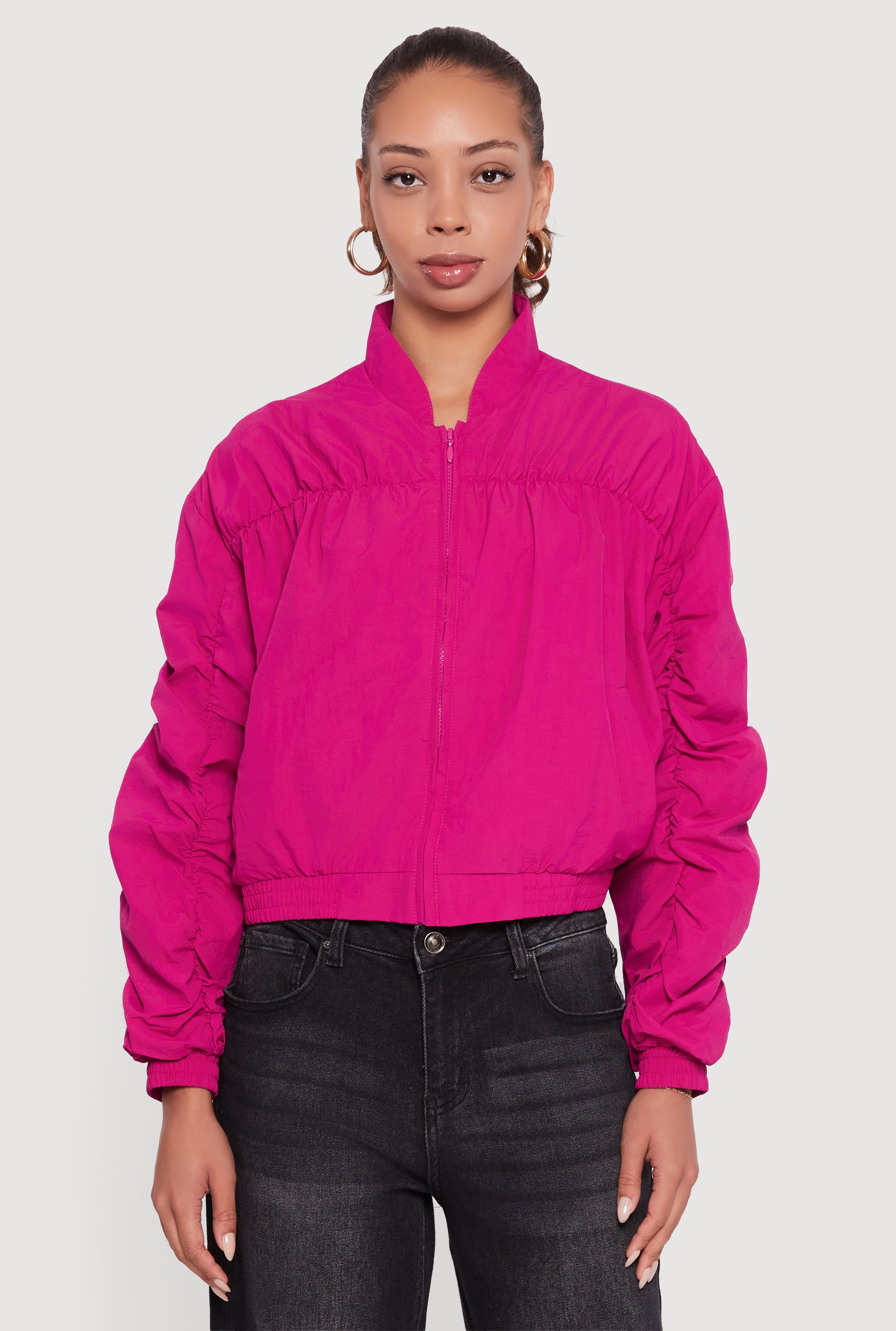 Ruched Long Sleeve Zip Front Windbreaker Jacket