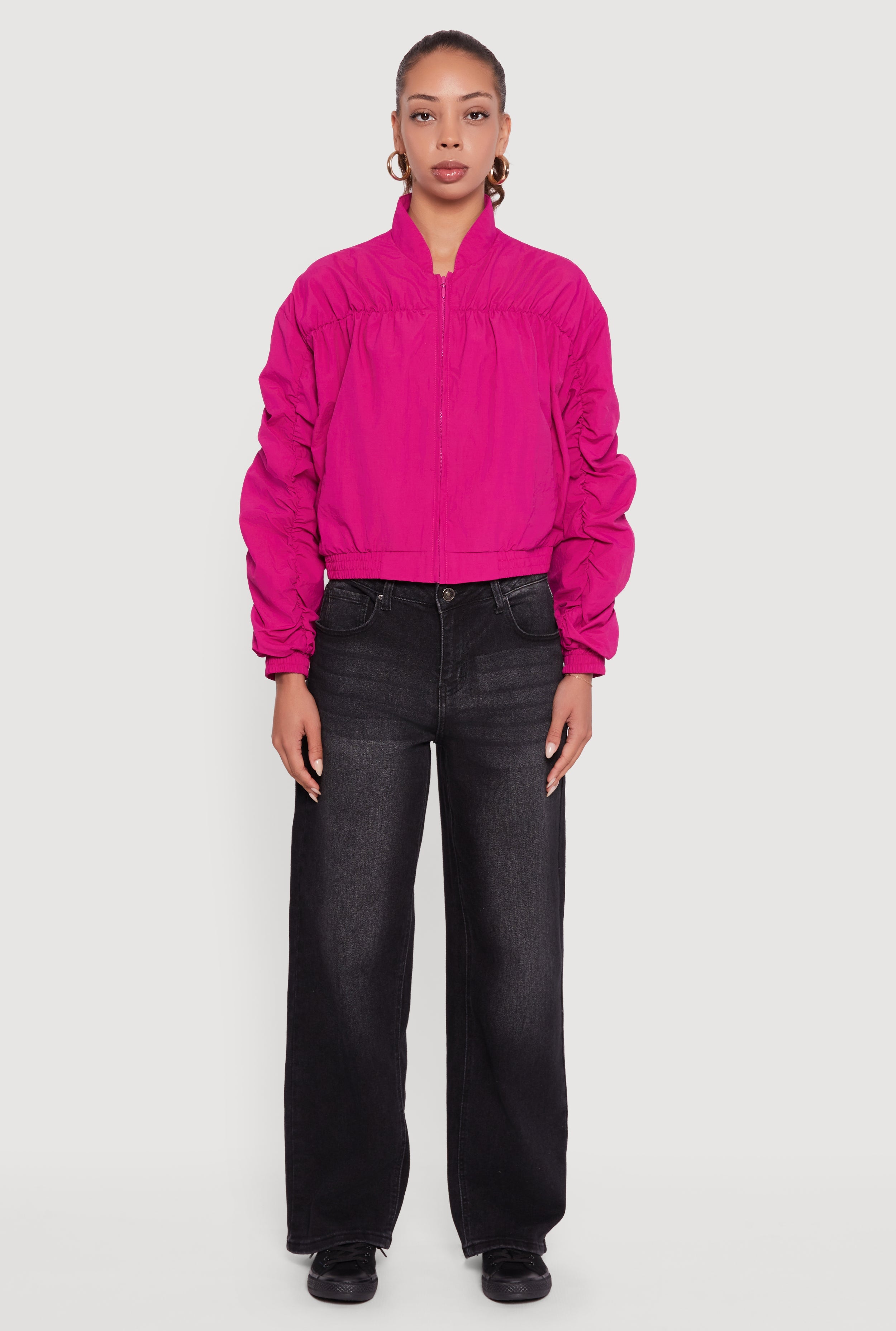 Ruched Long Sleeve Zip Front Windbreaker Jacket