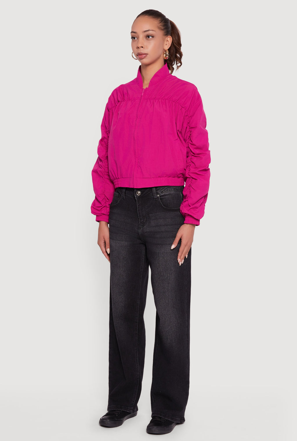 Ruched Long Sleeve Zip Front Windbreaker Jacket