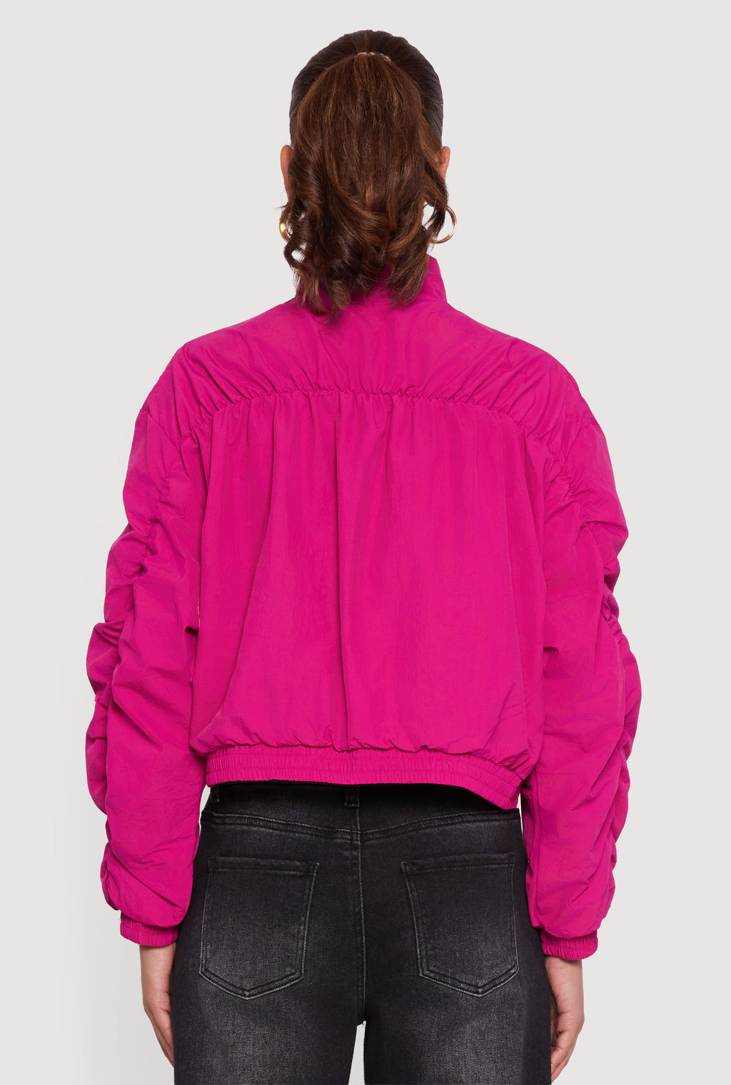 Ruched Long Sleeve Zip Front Windbreaker Jacket