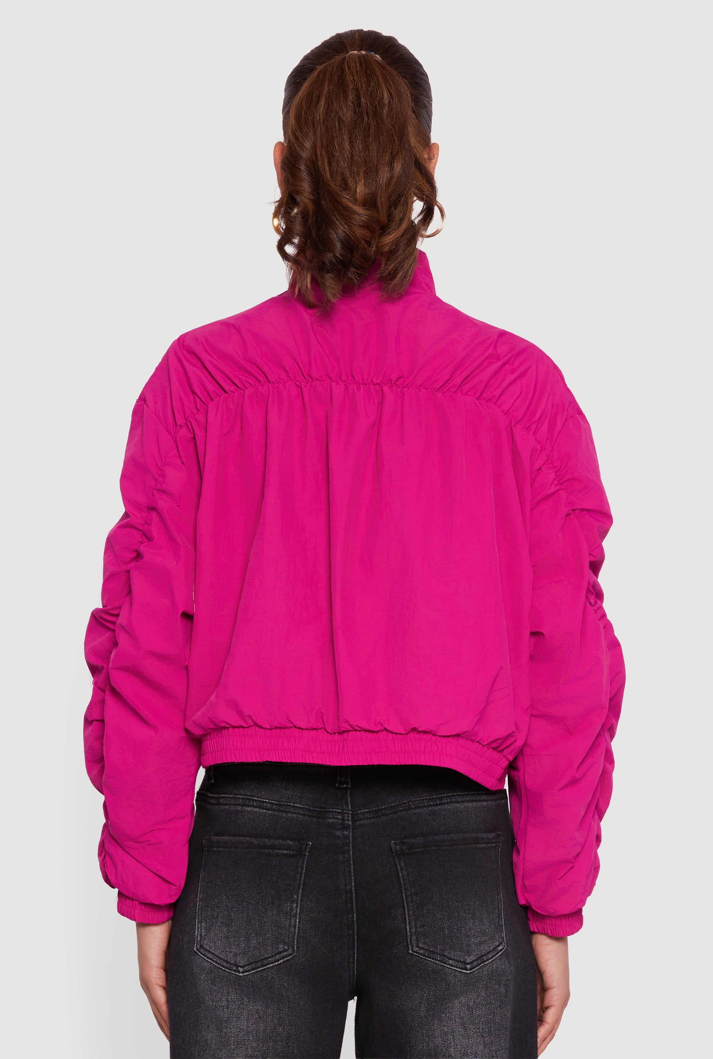 Ruched Long Sleeve Zip Front Windbreaker Jacket