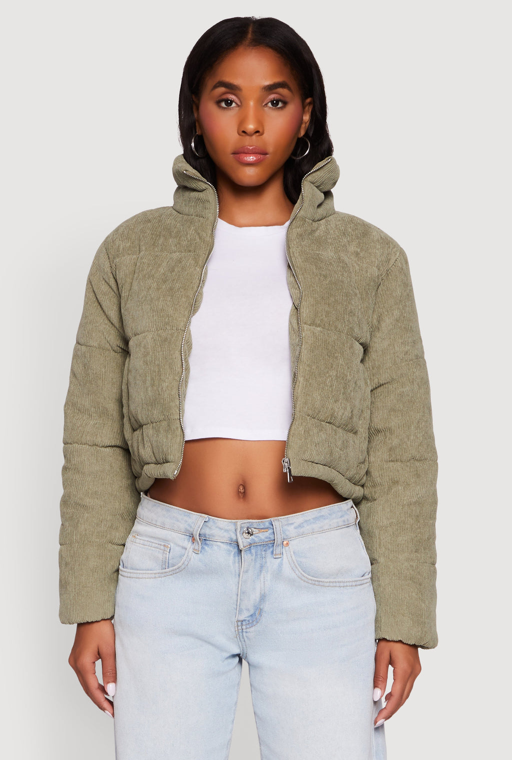 Mock Neck Zip Front Corduroy Puffer Jacket