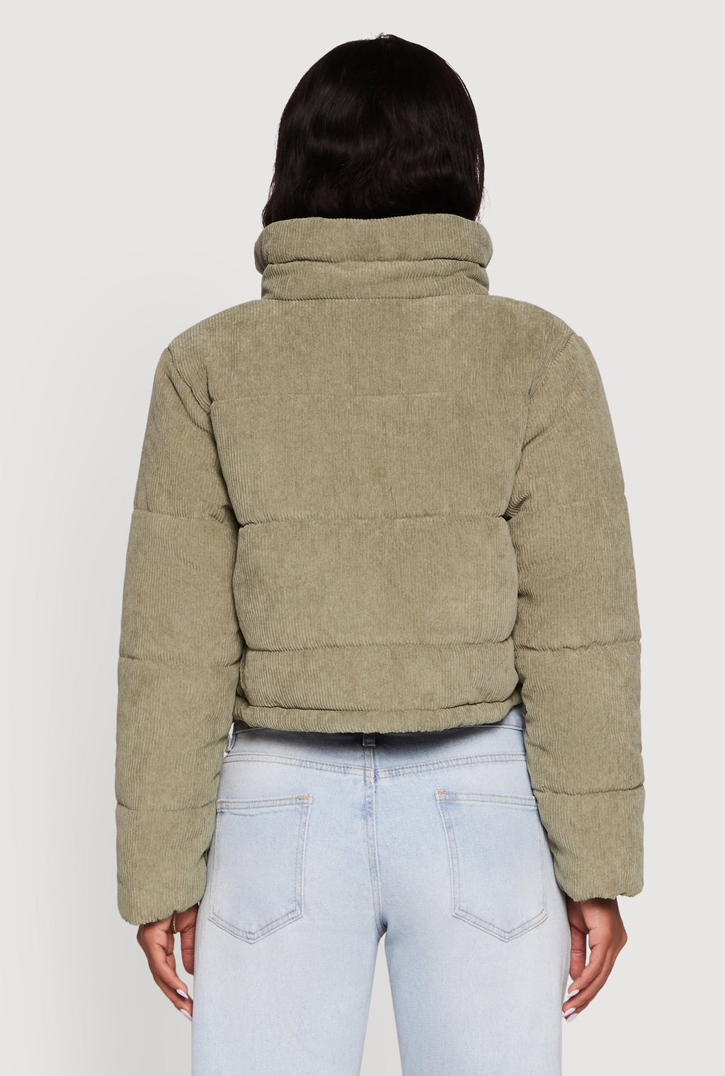 Mock Neck Zip Front Corduroy Puffer Jacket
