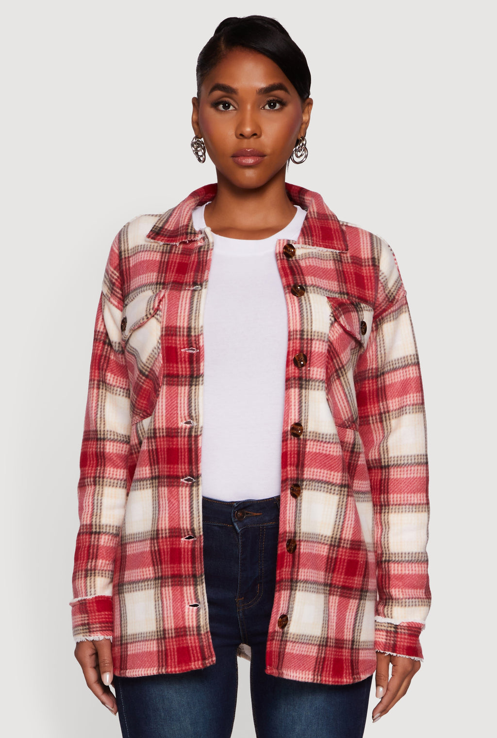 Plaid Sherpa Lined Fleece Long Sleeve Button Front Jacket
