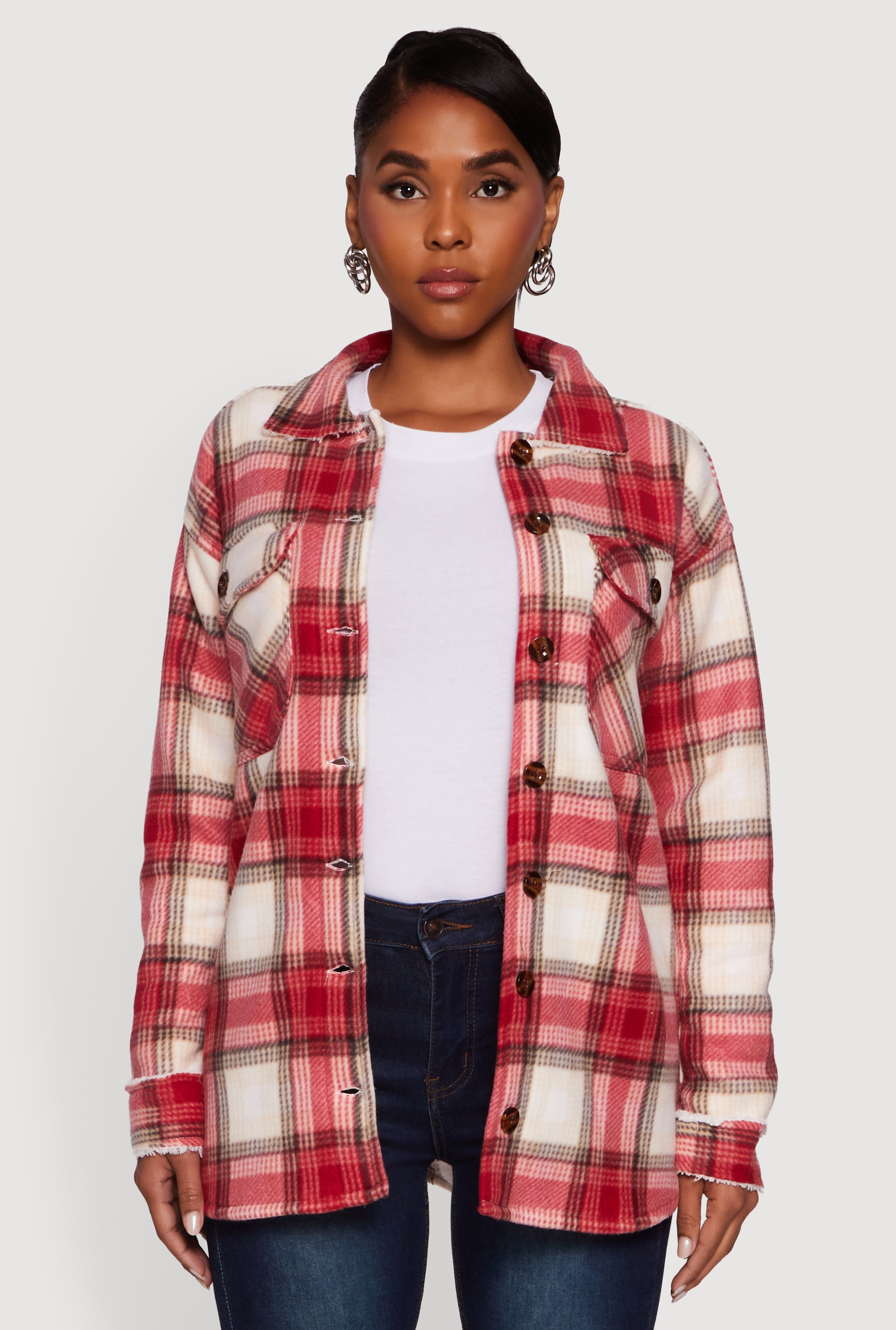Plaid Sherpa Lined Fleece Long Sleeve Button Front Jacket