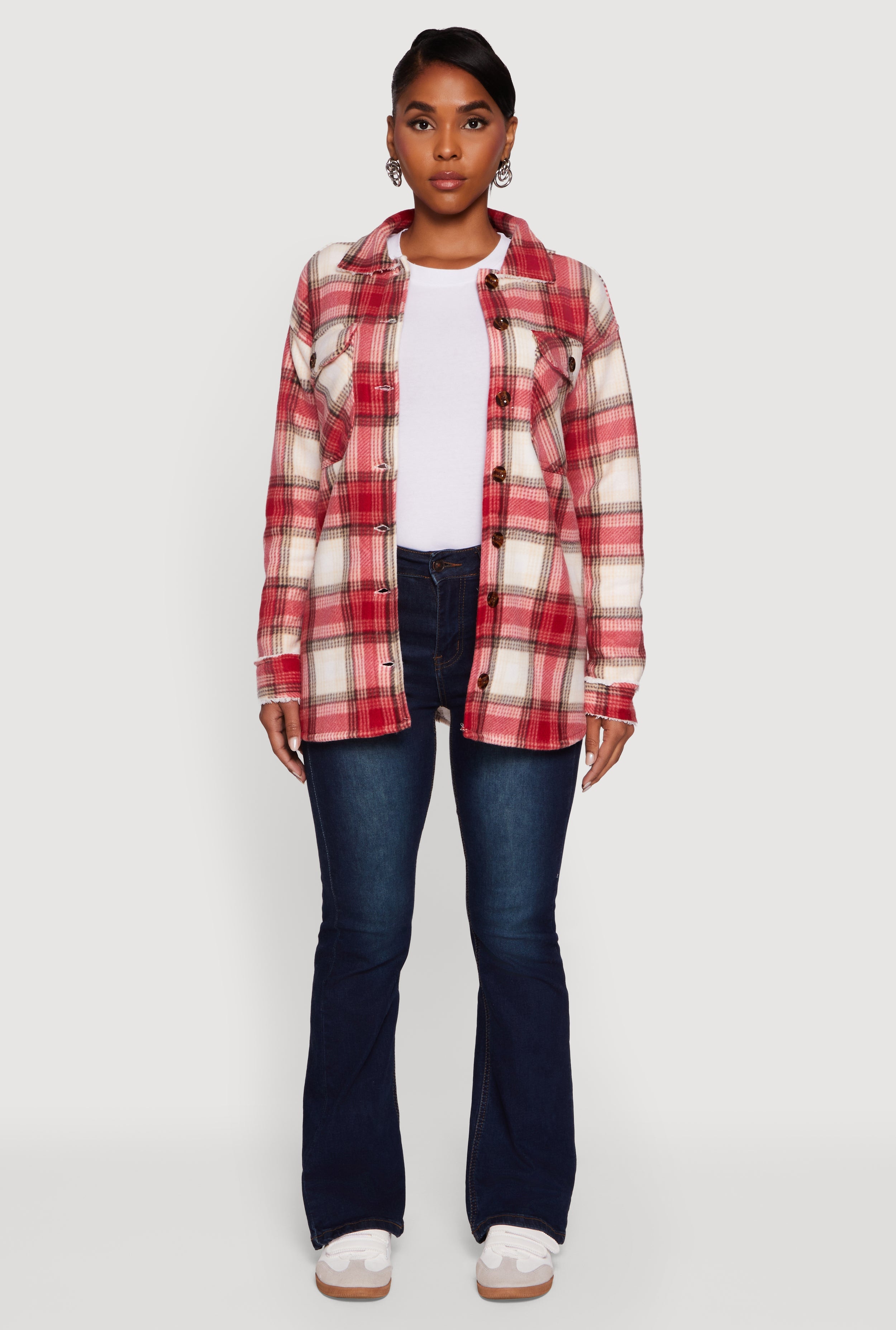 Plaid Sherpa Lined Fleece Long Sleeve Button Front Jacket