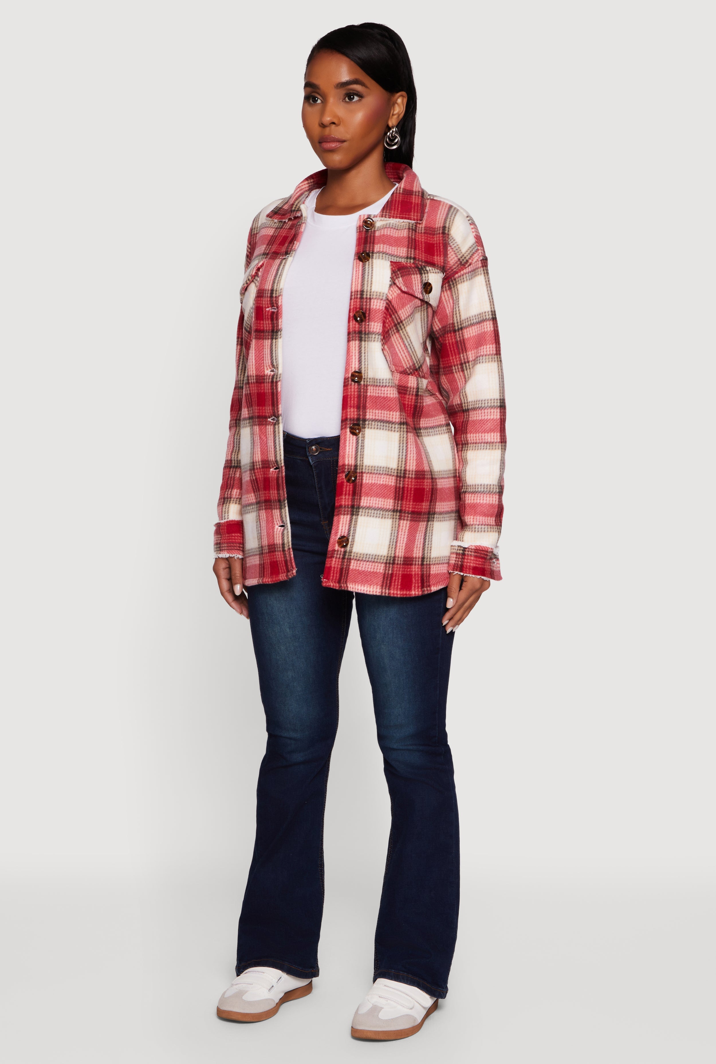 Plaid Sherpa Lined Fleece Long Sleeve Button Front Jacket