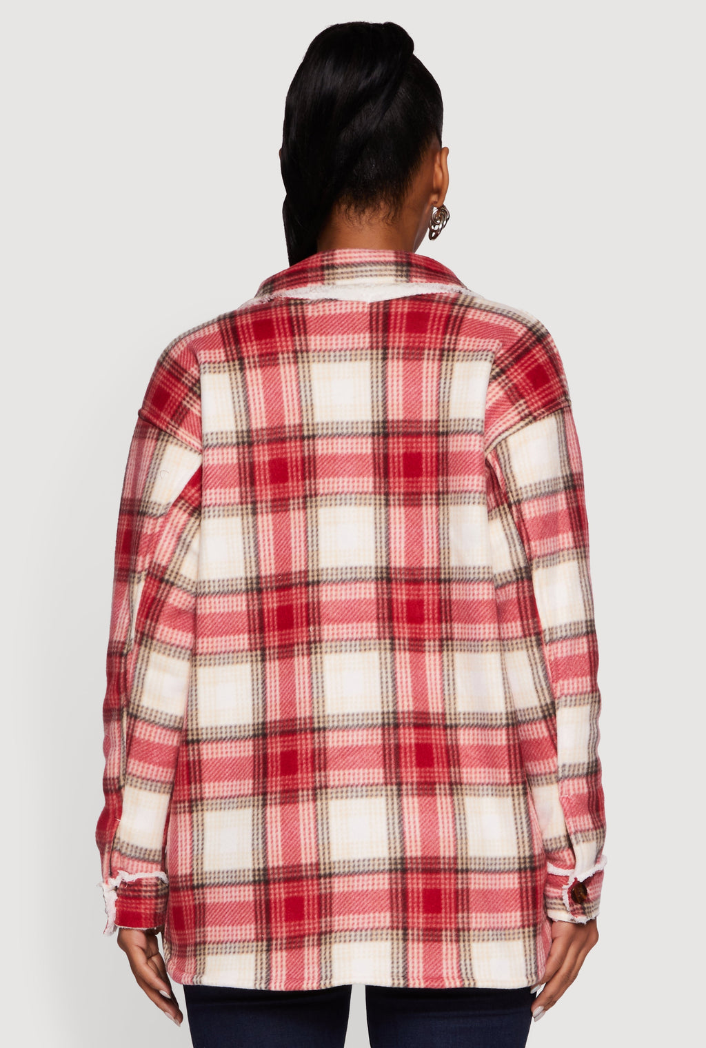 Plaid Sherpa Lined Fleece Long Sleeve Button Front Jacket