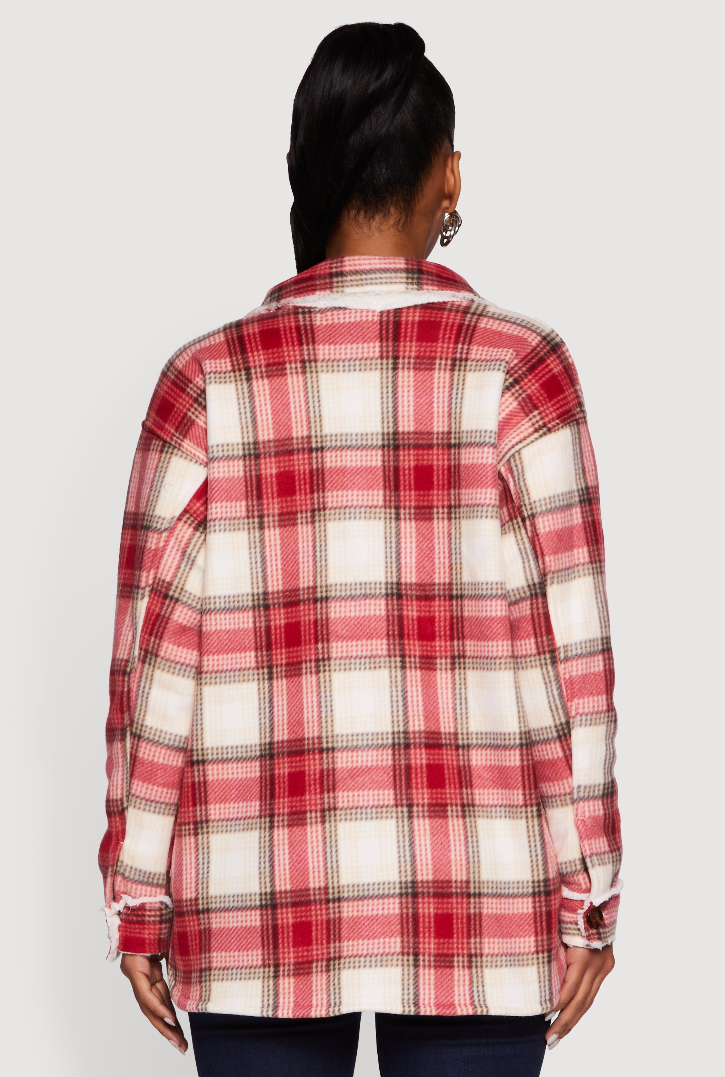 Plaid Sherpa Lined Fleece Long Sleeve Button Front Jacket
