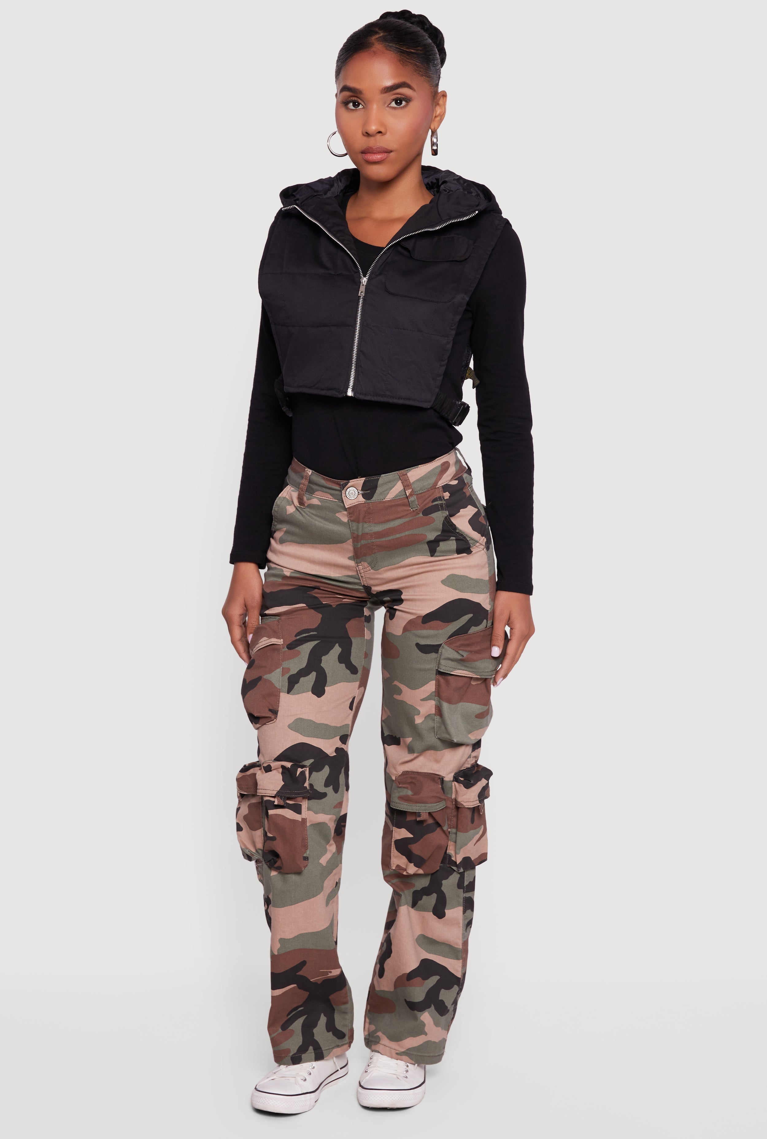 Side Buckle Hooded Zip Front Quilted Vest
