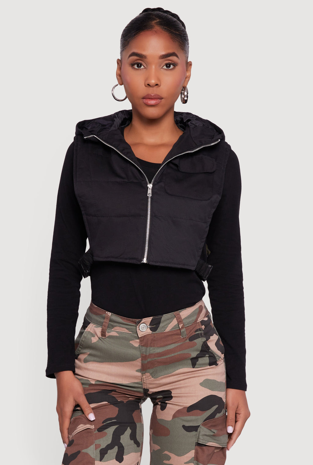 Side Buckle Hooded Zip Front Quilted Vest
