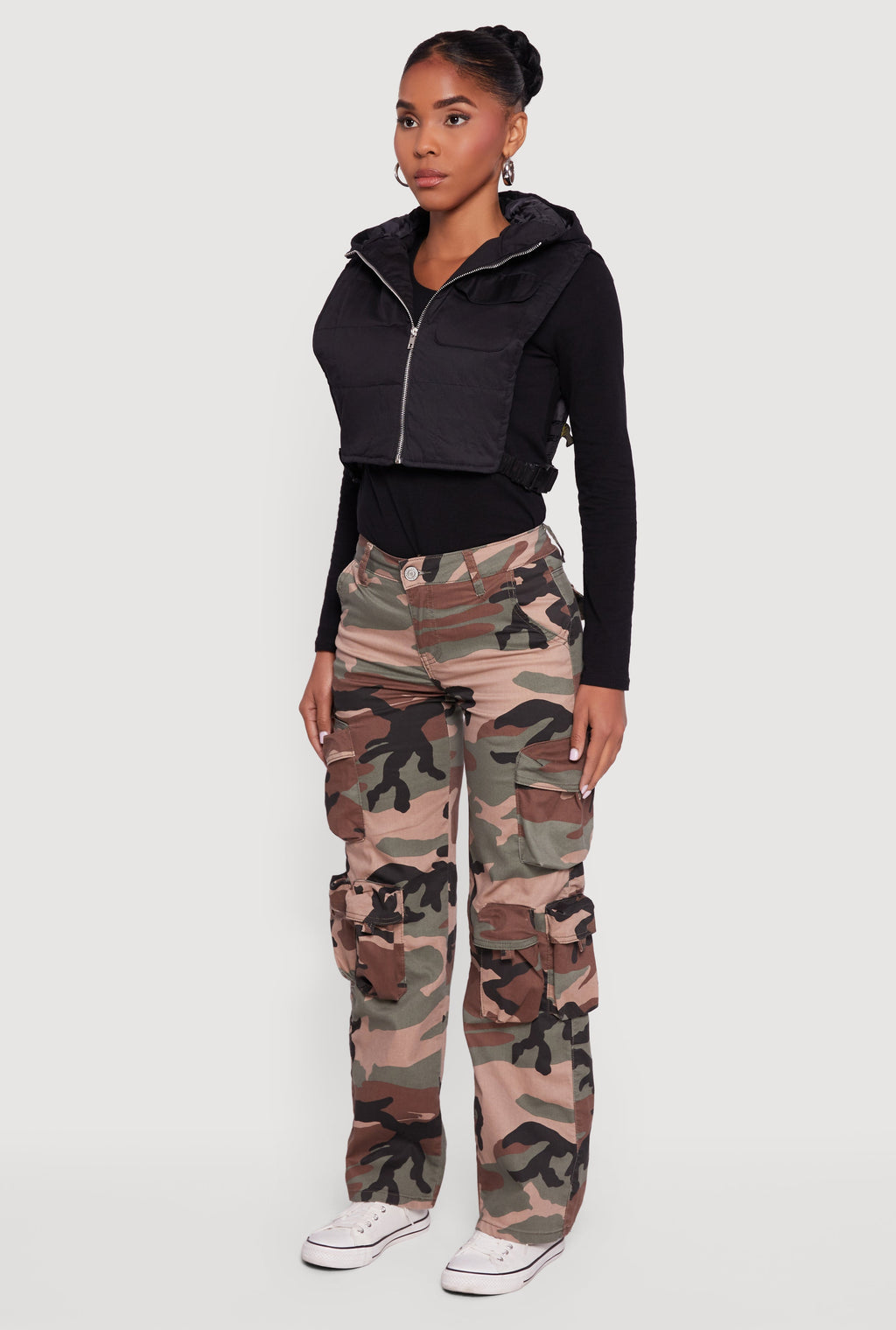 Side Buckle Hooded Zip Front Quilted Vest