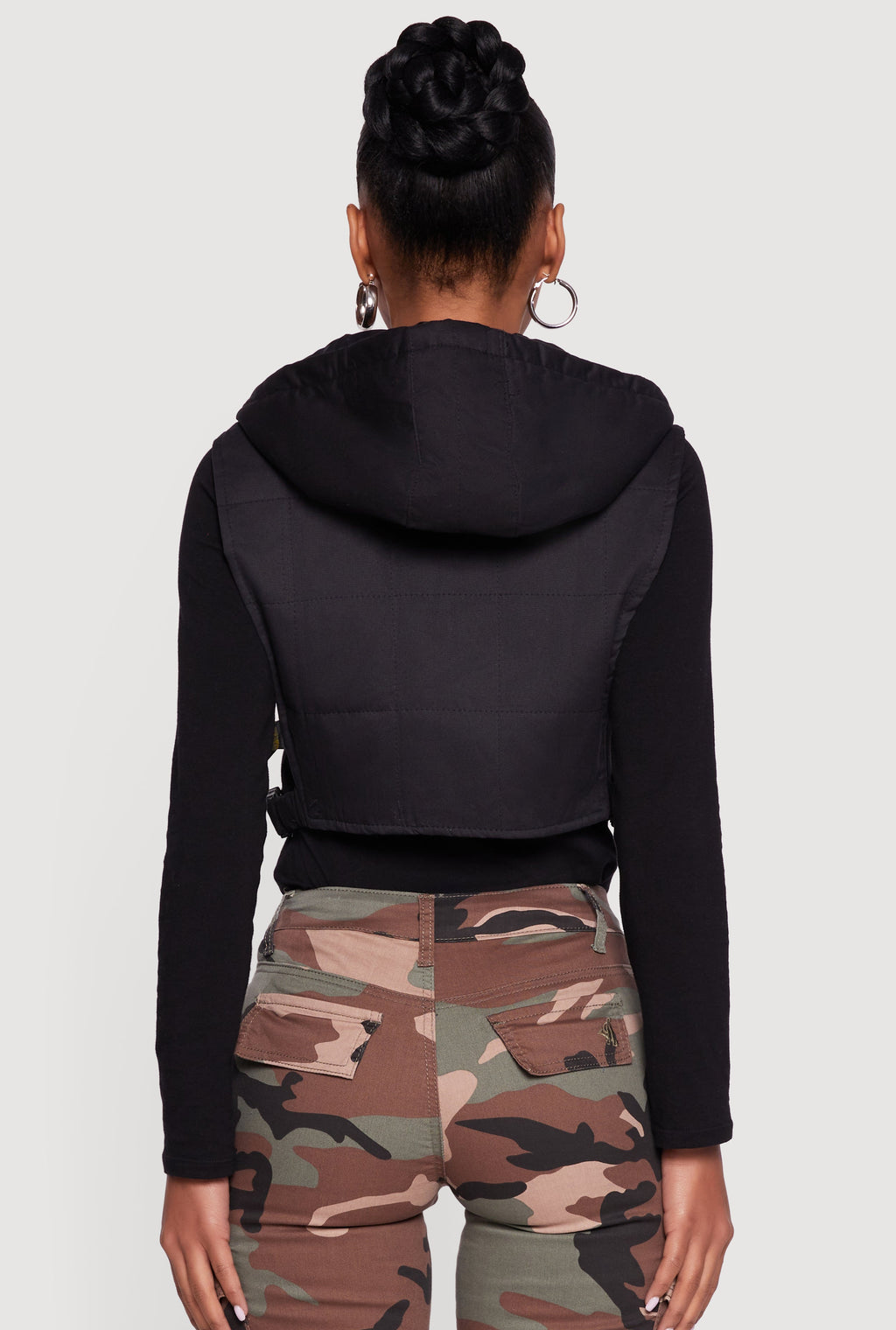 Side Buckle Hooded Zip Front Quilted Vest