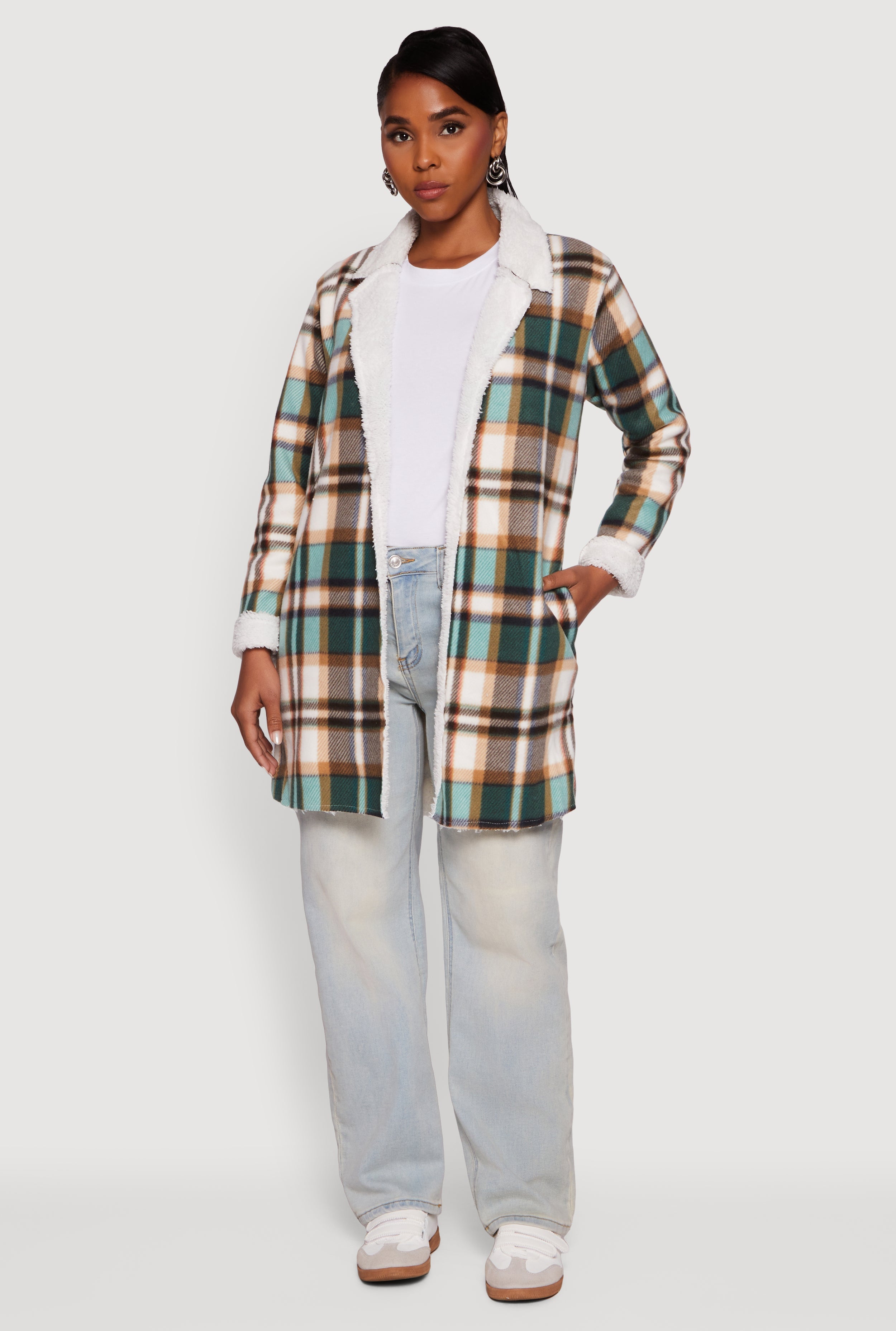 Plaid Sherpa Lined Fleece Collared Open Front Long Jacket
