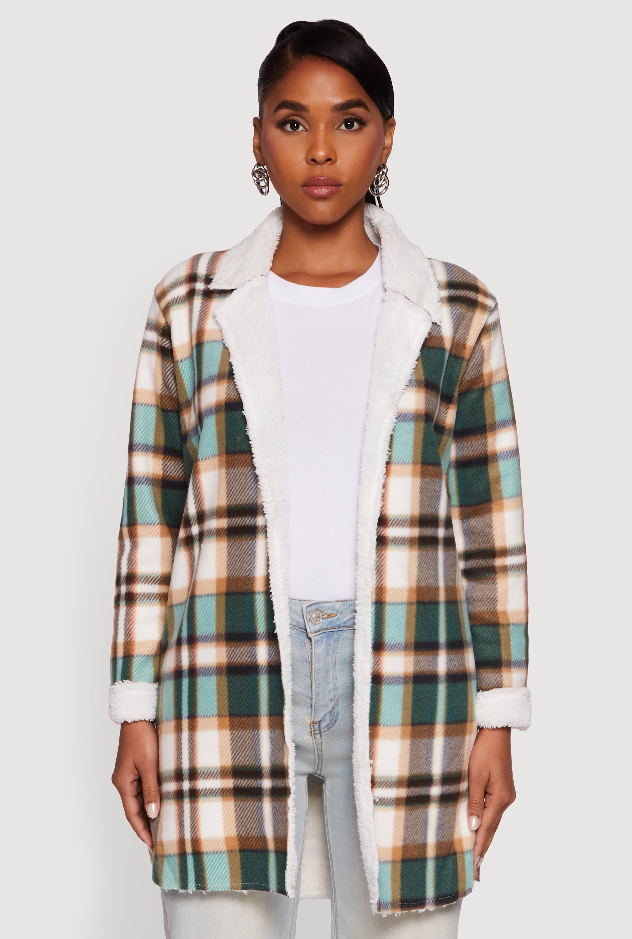 Plaid Sherpa Lined Fleece Collared Open Front Long Jacket