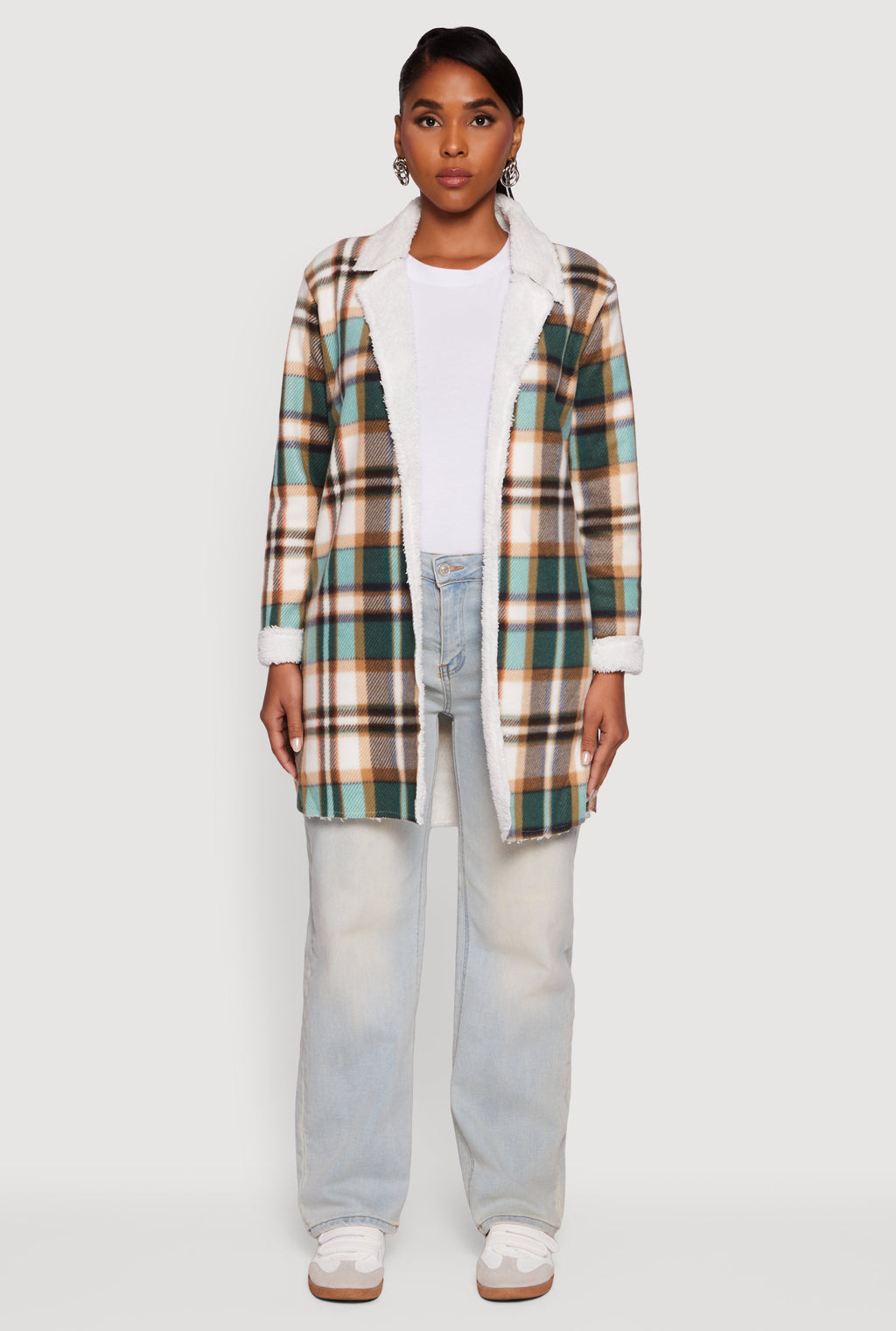 Plaid Sherpa Lined Fleece Collared Open Front Long Jacket