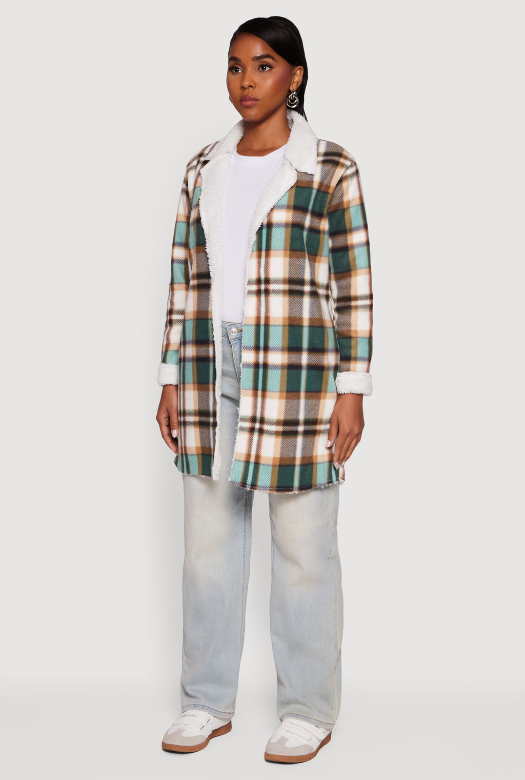 Plaid Sherpa Lined Fleece Collared Open Front Long Jacket