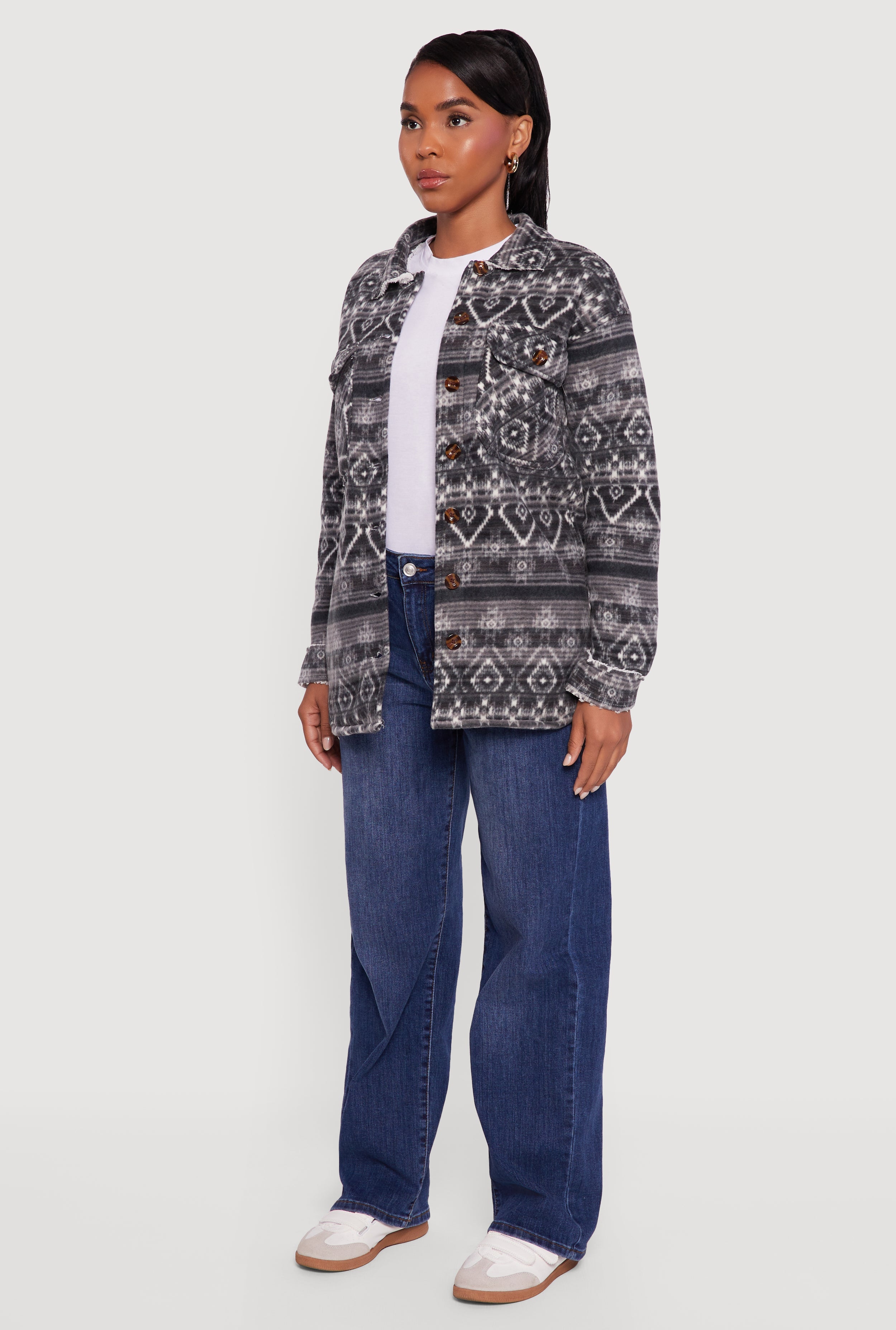 Fair Isle Print Sherpa Lined  Fleece Shacket