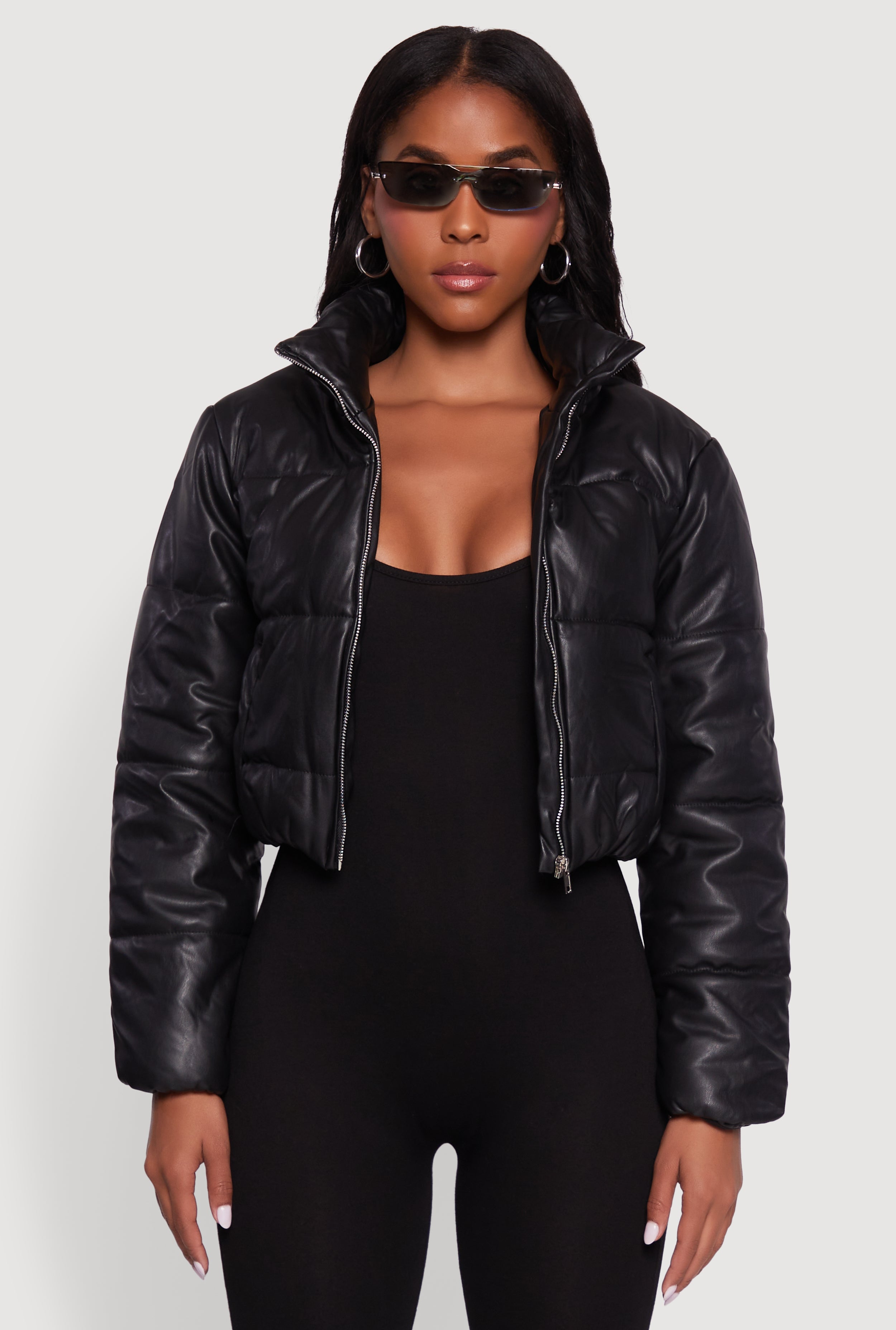 Cropped Faux Leather Puffer Jacket
