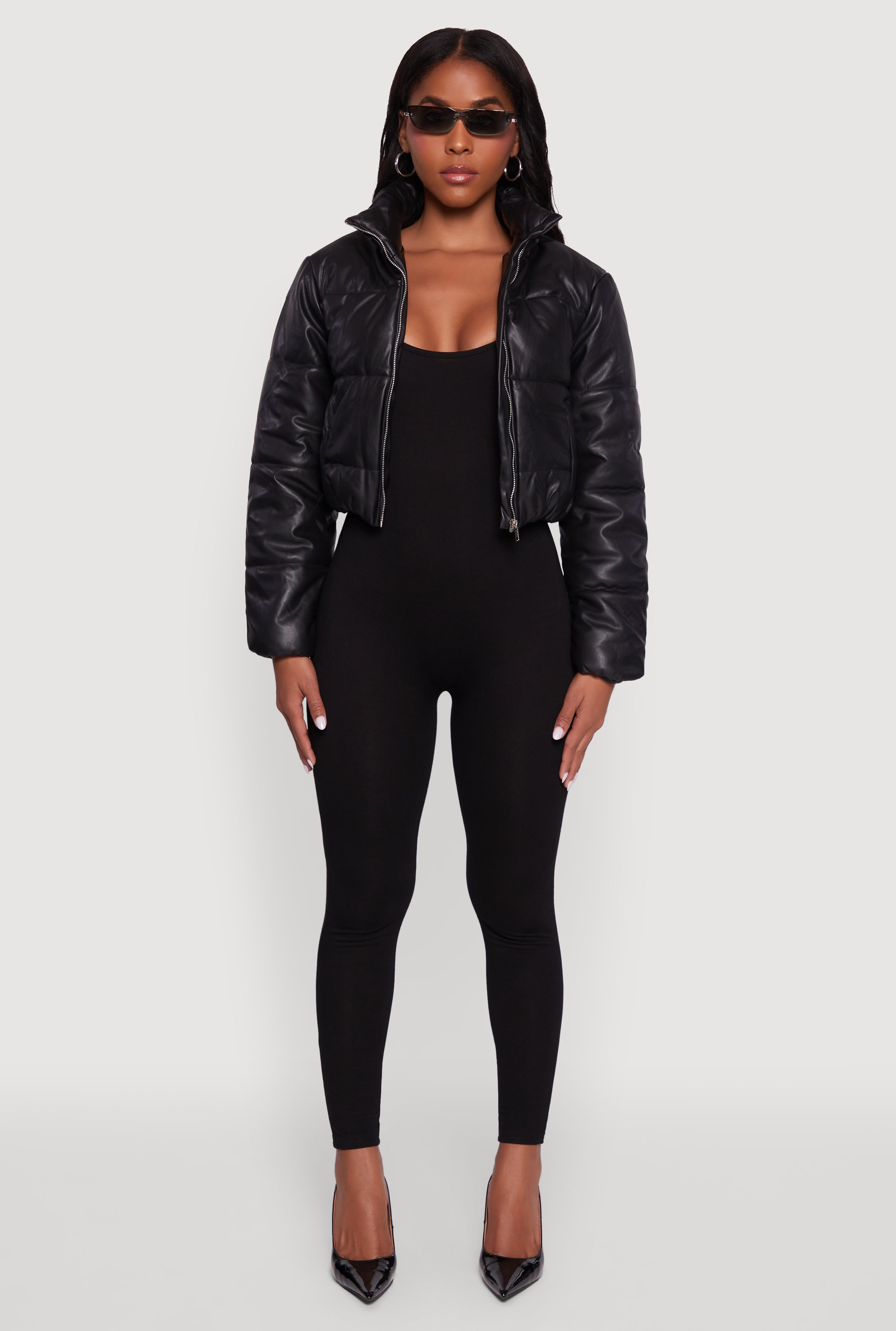 Cropped Faux Leather Puffer Jacket