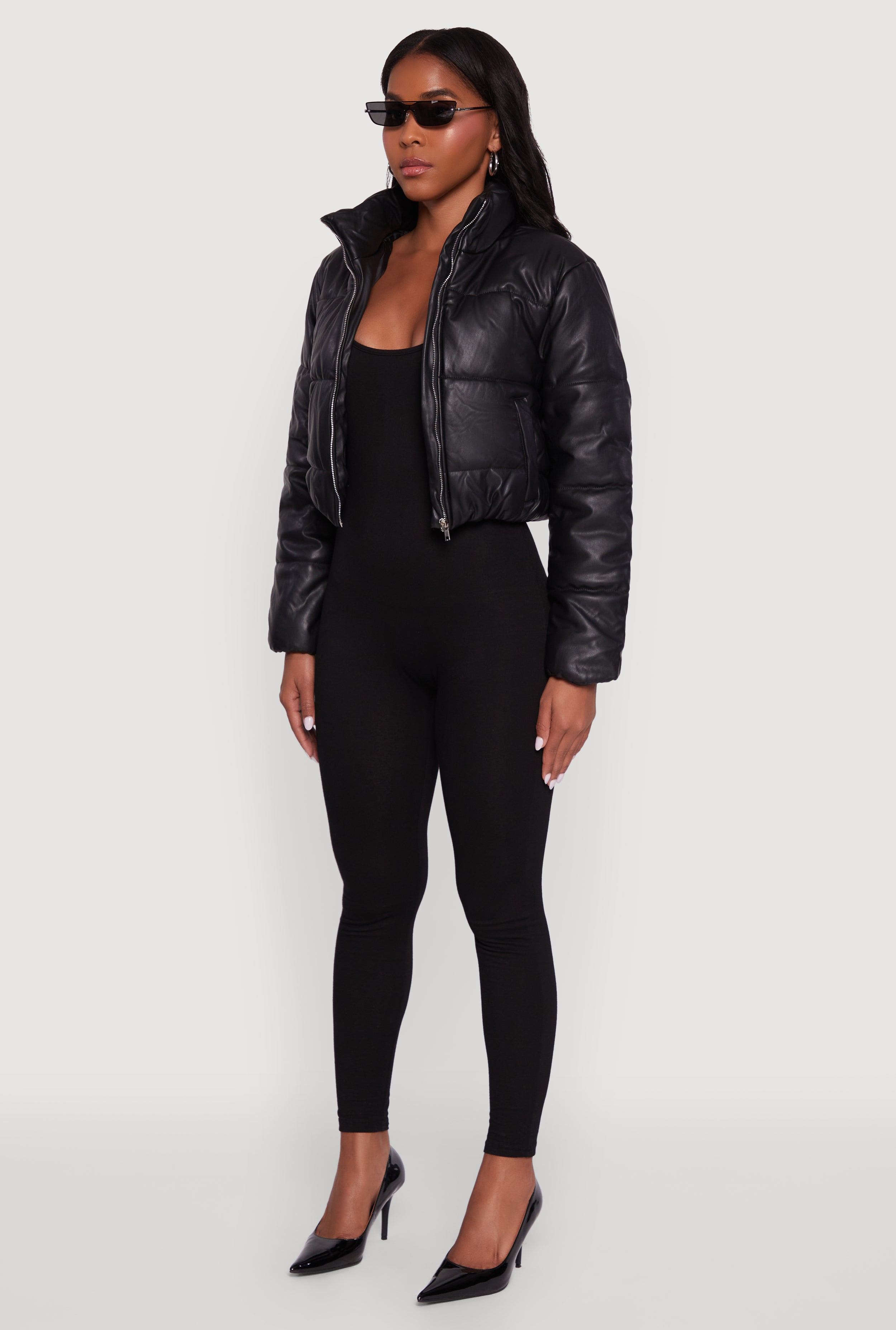 Cropped Faux Leather Puffer Jacket