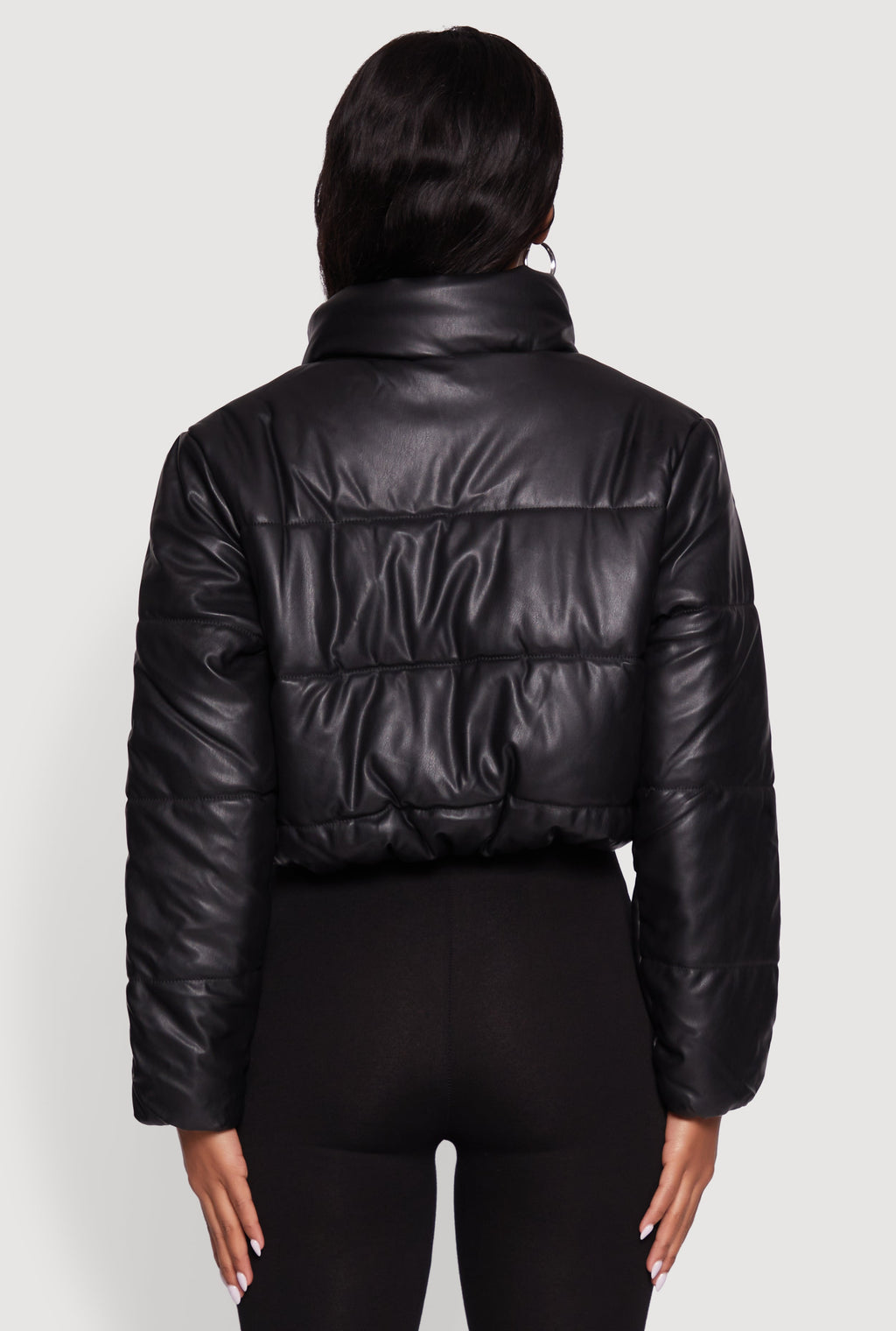Cropped Faux Leather Puffer Jacket