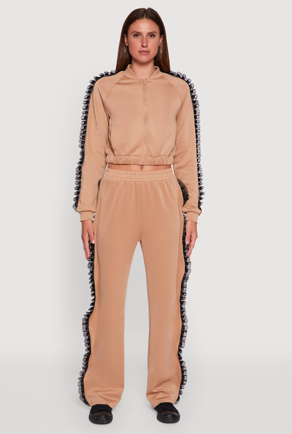 Ruffle Chiffon Organza Long Sleeve Zip Front Jacket