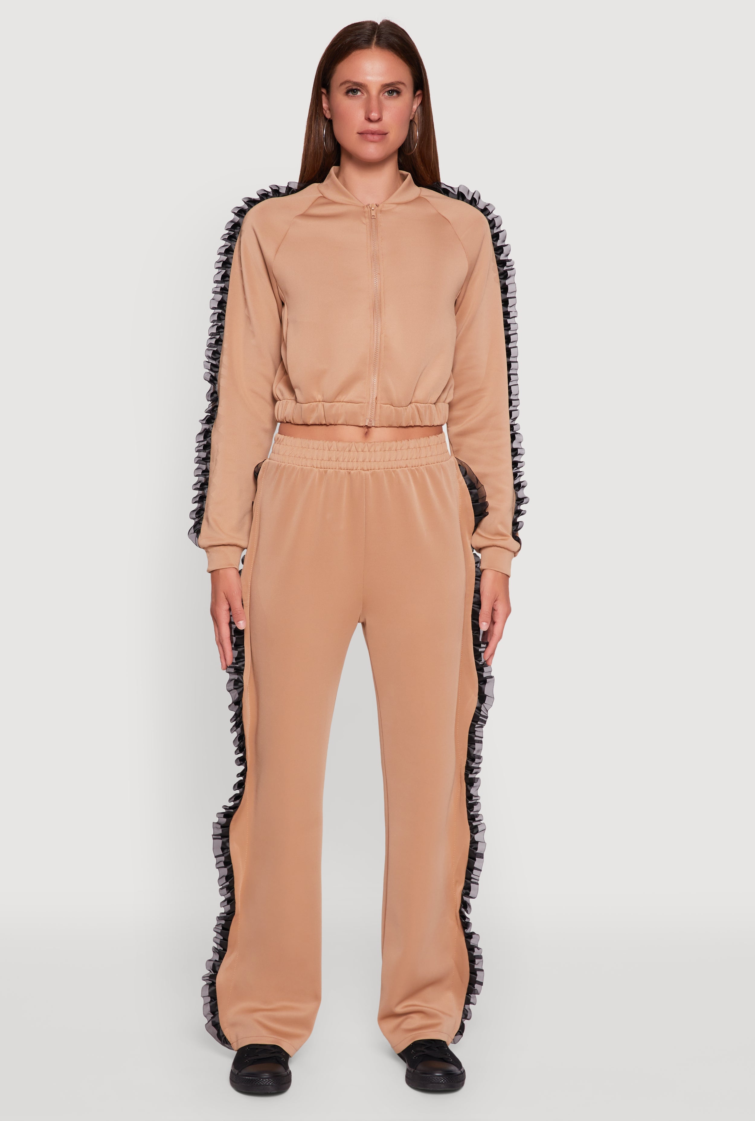 Ruffle Chiffon Organza Long Sleeve Zip Front Jacket