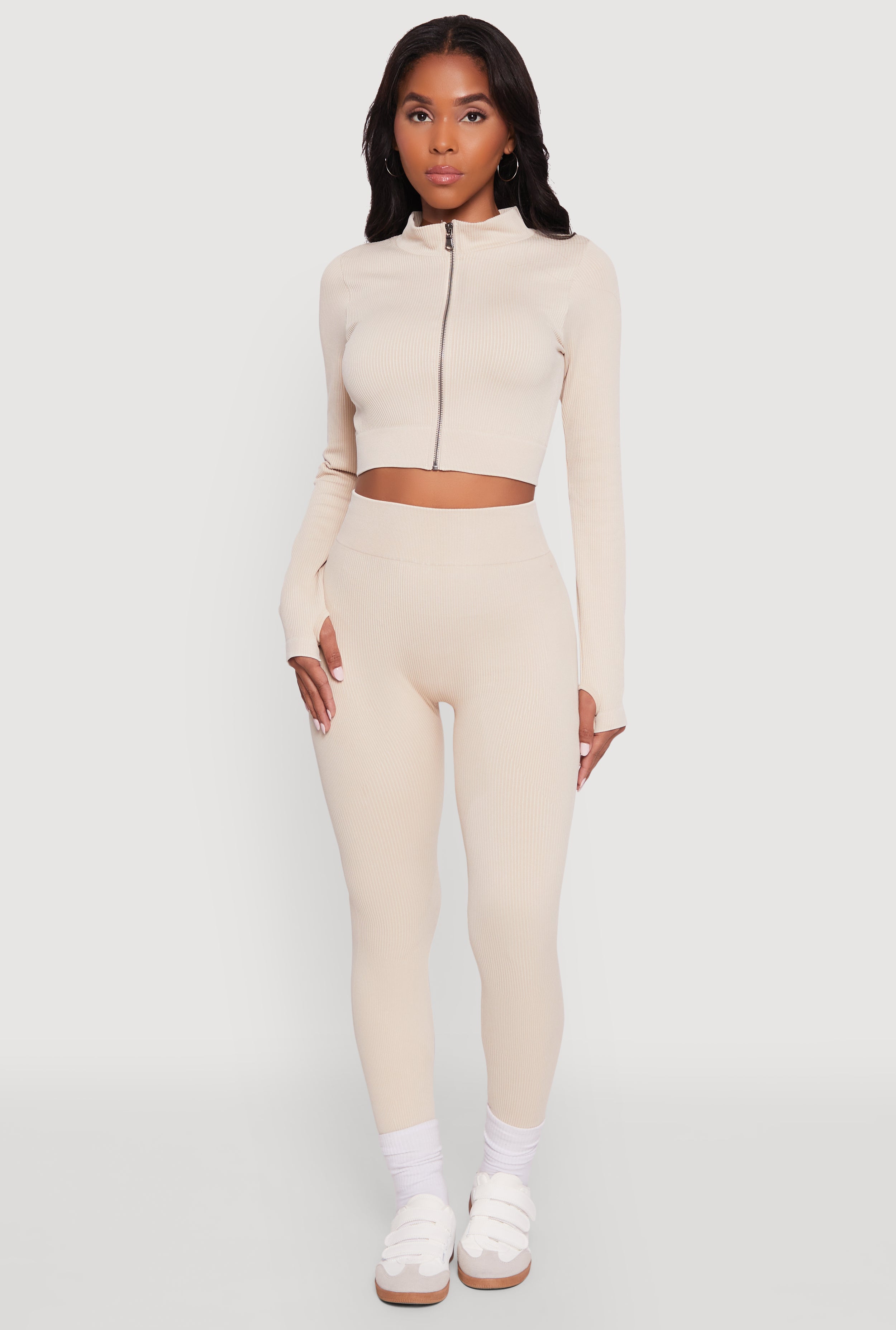Seamless Ribbed Zip Front Cropped Track Jacket