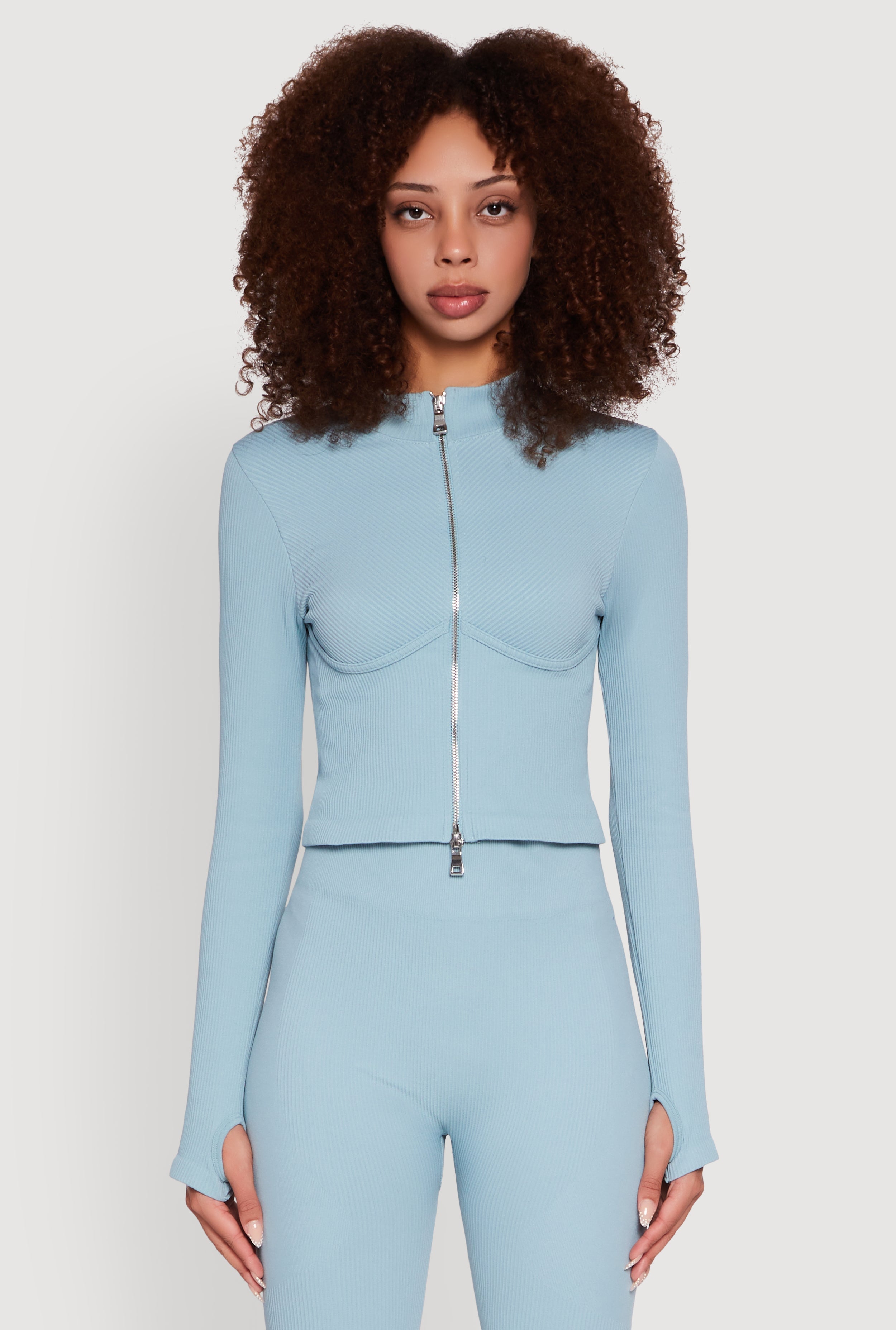 Seamless Ribbed Knit Bustier Detail Cropped Track Jacket