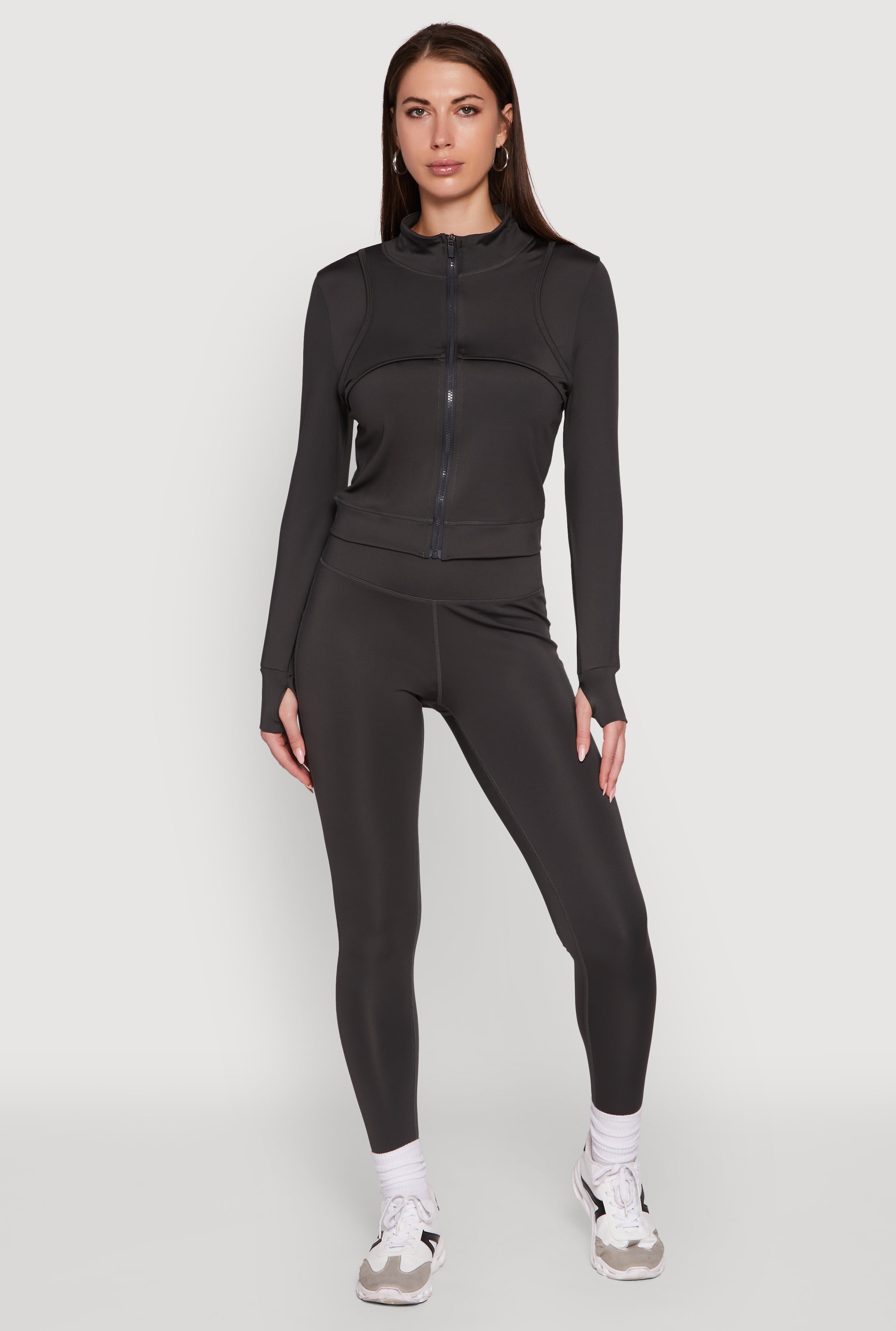 Mock Neck Long Sleeve Activewear Jacket with Thumb Holes